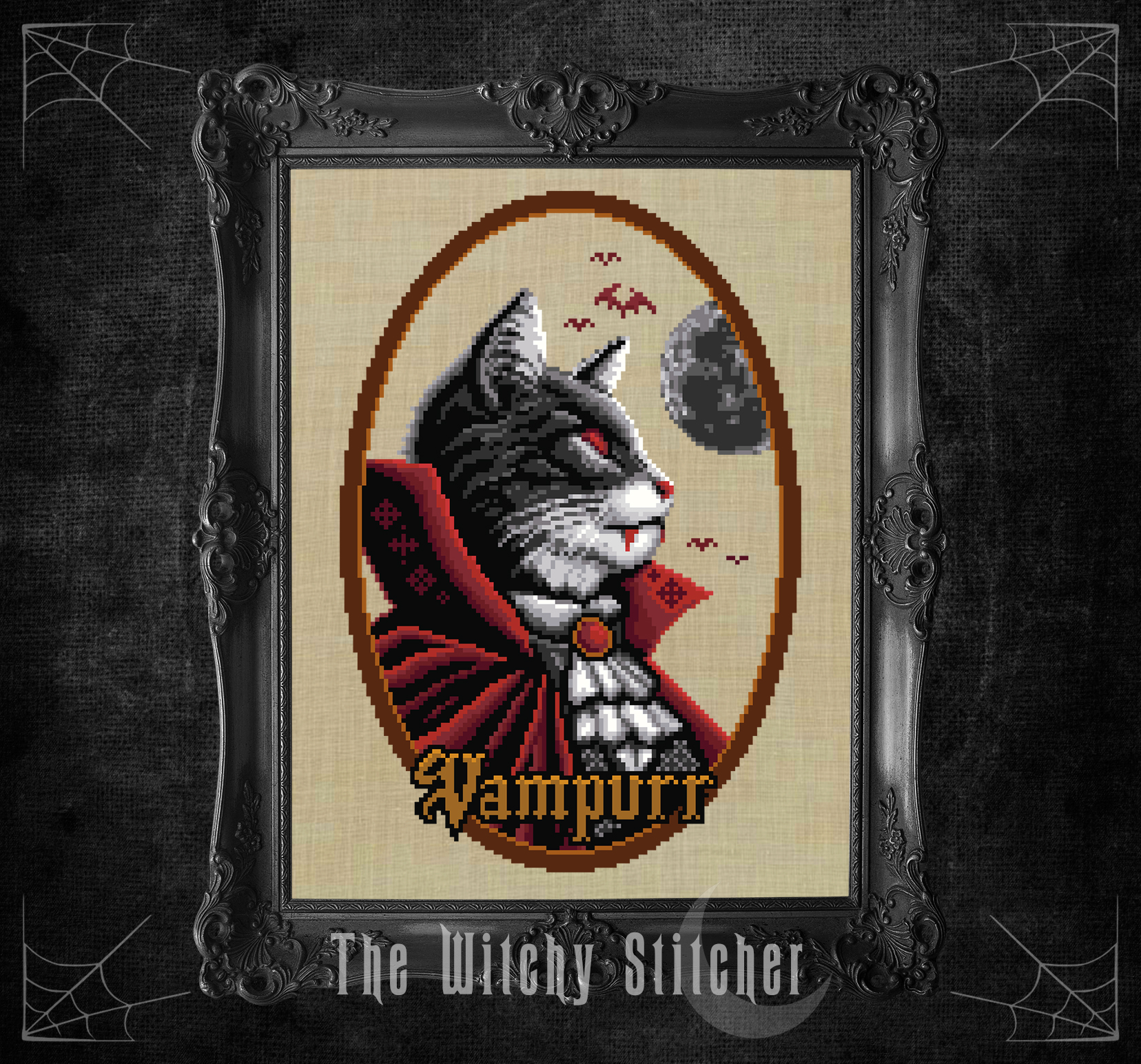 Vampurr - Halloween Cross Stitch Pattern, different perspective #1, zoomed in. Select this picture to zoom back out.