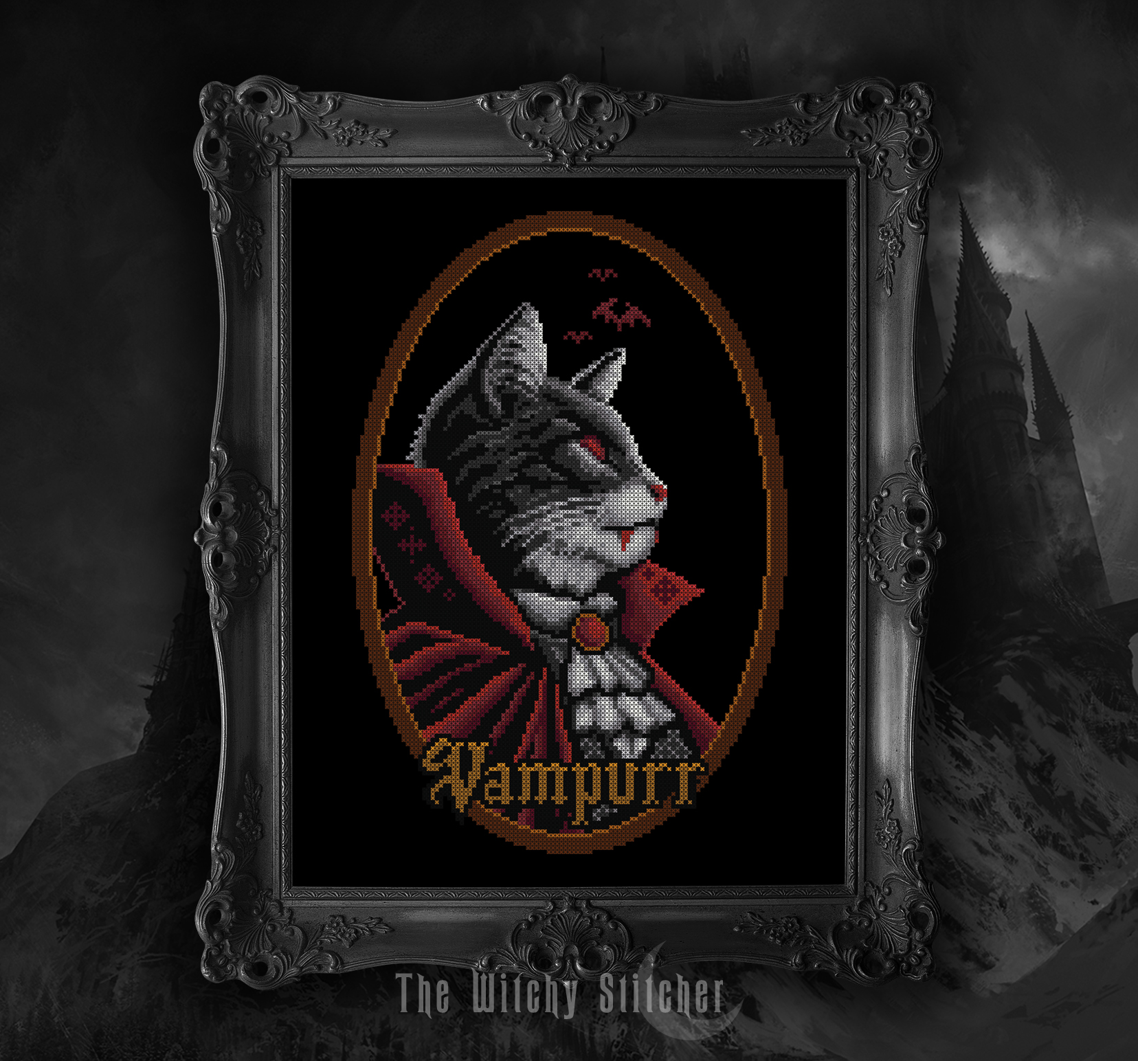 Vampurr - Halloween Cross Stitch Pattern, different perspective #2, zoomed in. Select this picture to zoom back out.