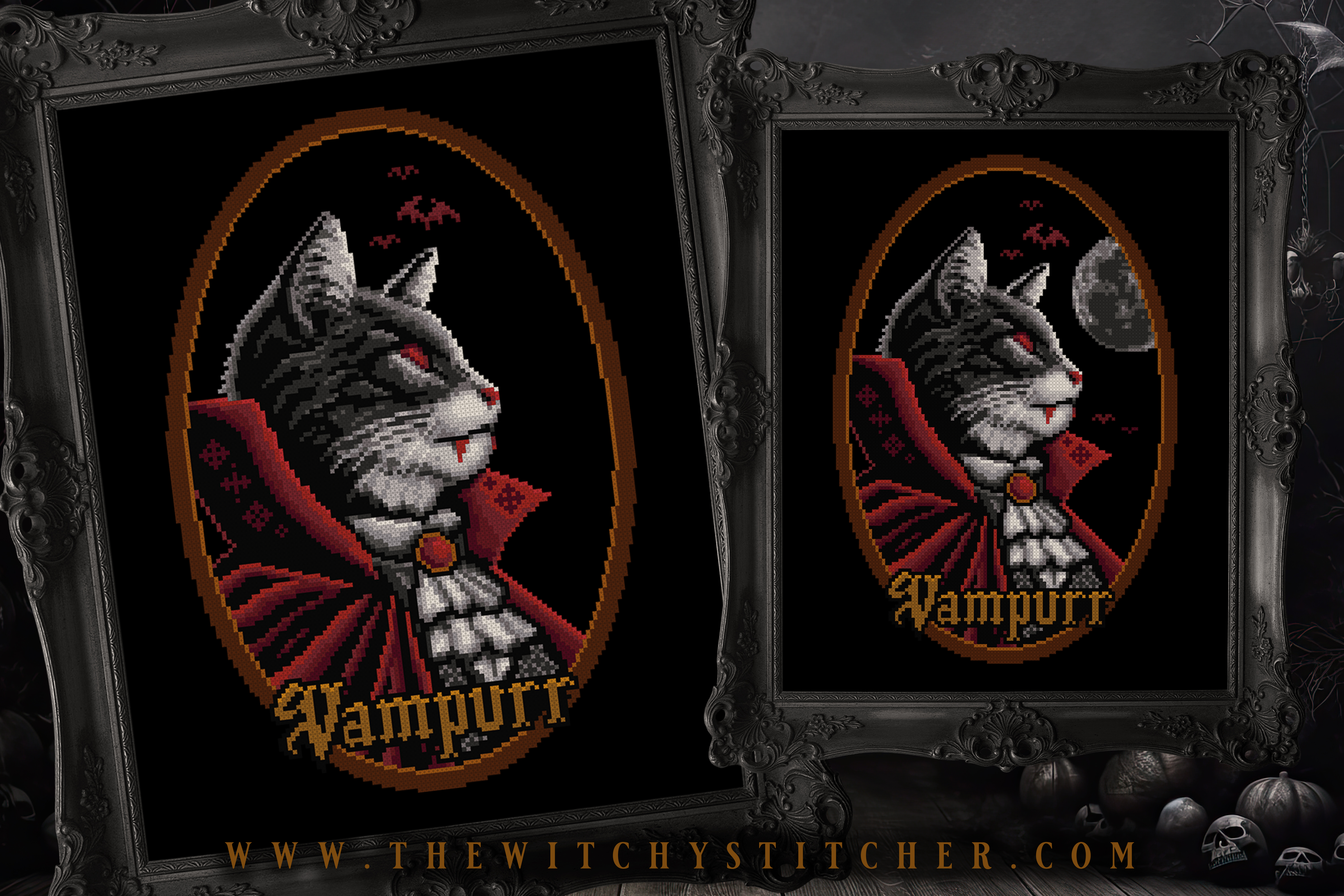 Vampurr - Halloween Cross Stitch Pattern, different perspective #3, zoomed in. Select this picture to zoom back out.