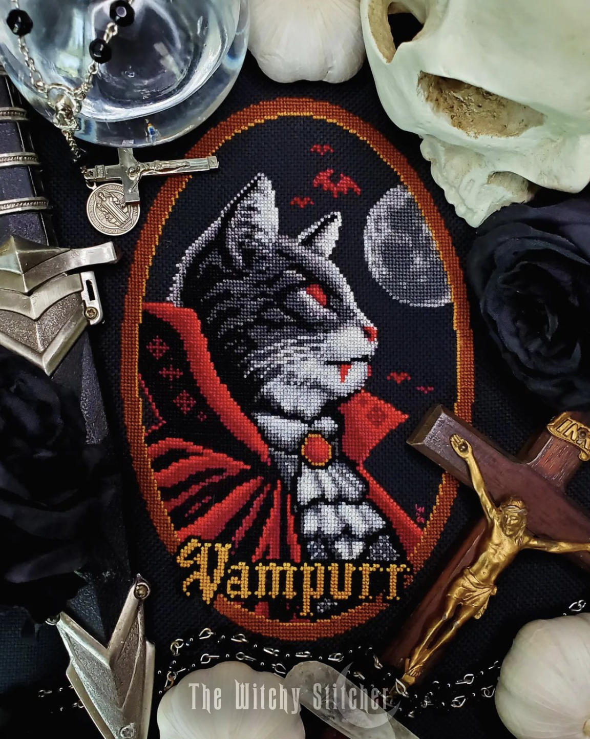 Vampurr - Halloween Cross Stitch Pattern, zoomed in. Select this picture to zoom back out.
