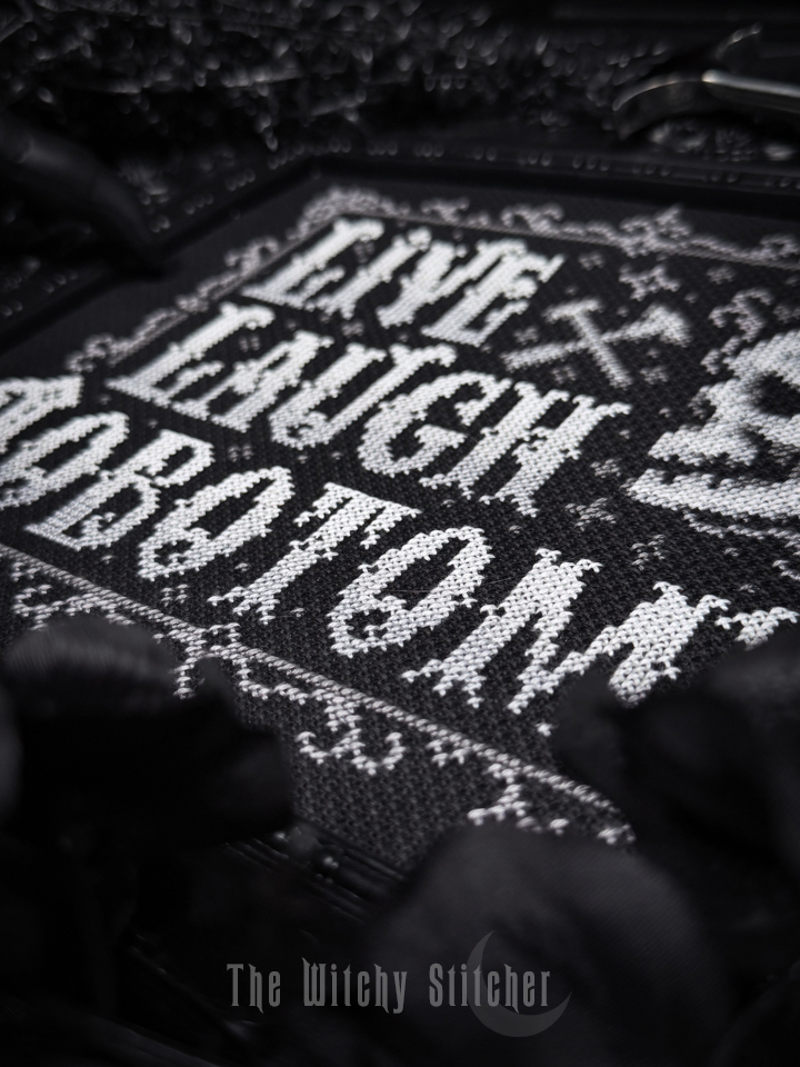 Live Laugh Lobotomy - Halloween Cross Stitch Pattern, different perspective #2, zoomed in. Select this picture to zoom back out.