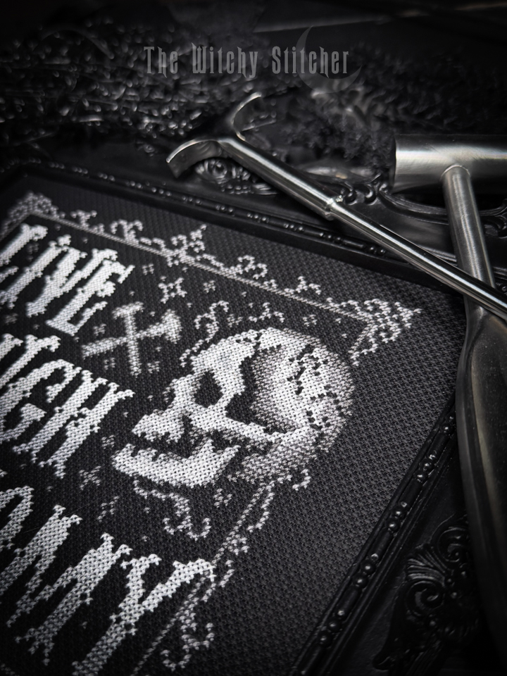 Live Laugh Lobotomy - Halloween Cross Stitch Pattern, different perspective #5, zoomed in. Select this picture to zoom back out.