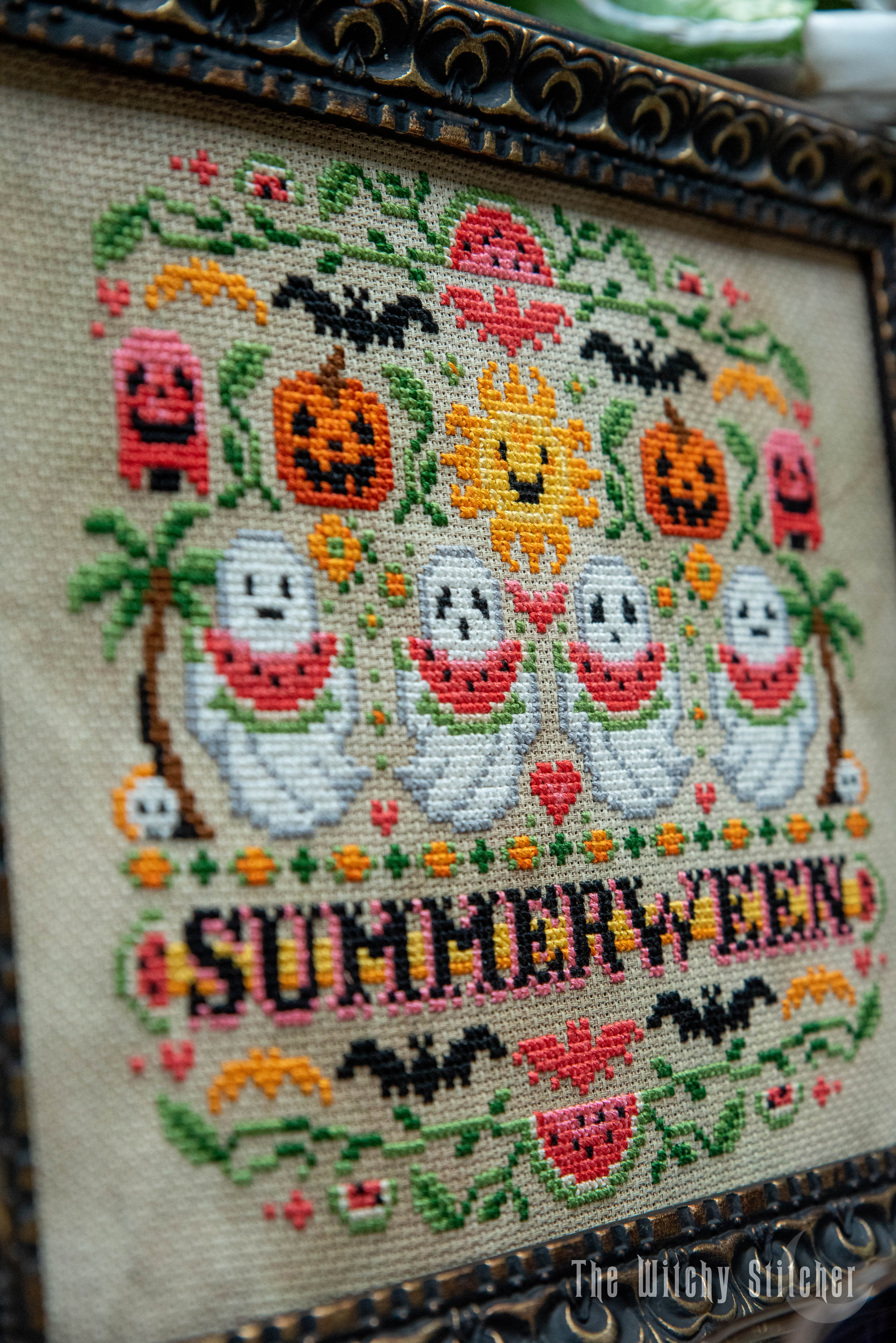 Summerween - Halloween Cross Stitch Pattern, different perspective #1, zoomed in. Select this picture to zoom back out.