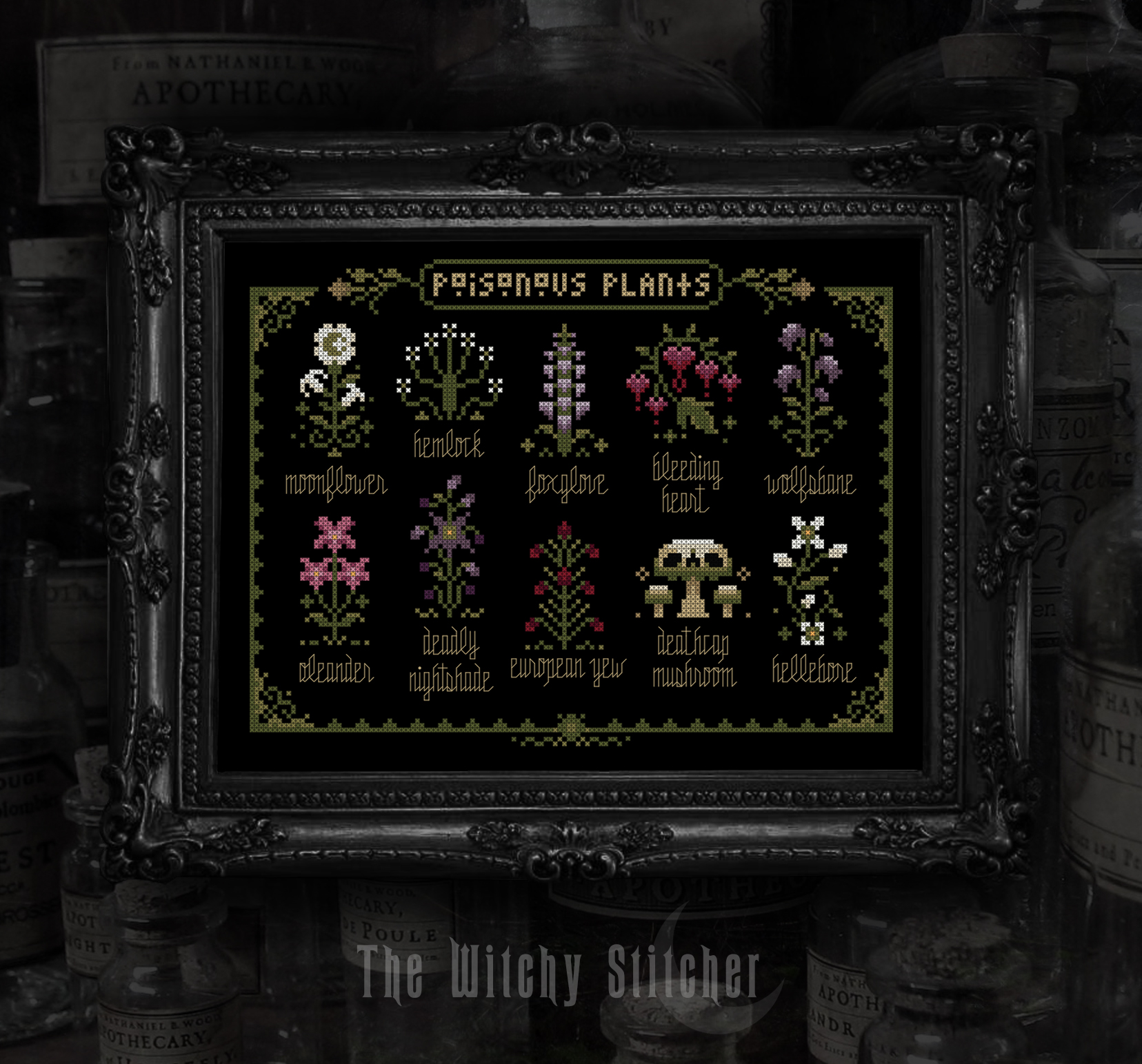 Poisonous Plants - Halloween Cross Stitch Pattern, zoomed in. Select this picture to zoom back out.