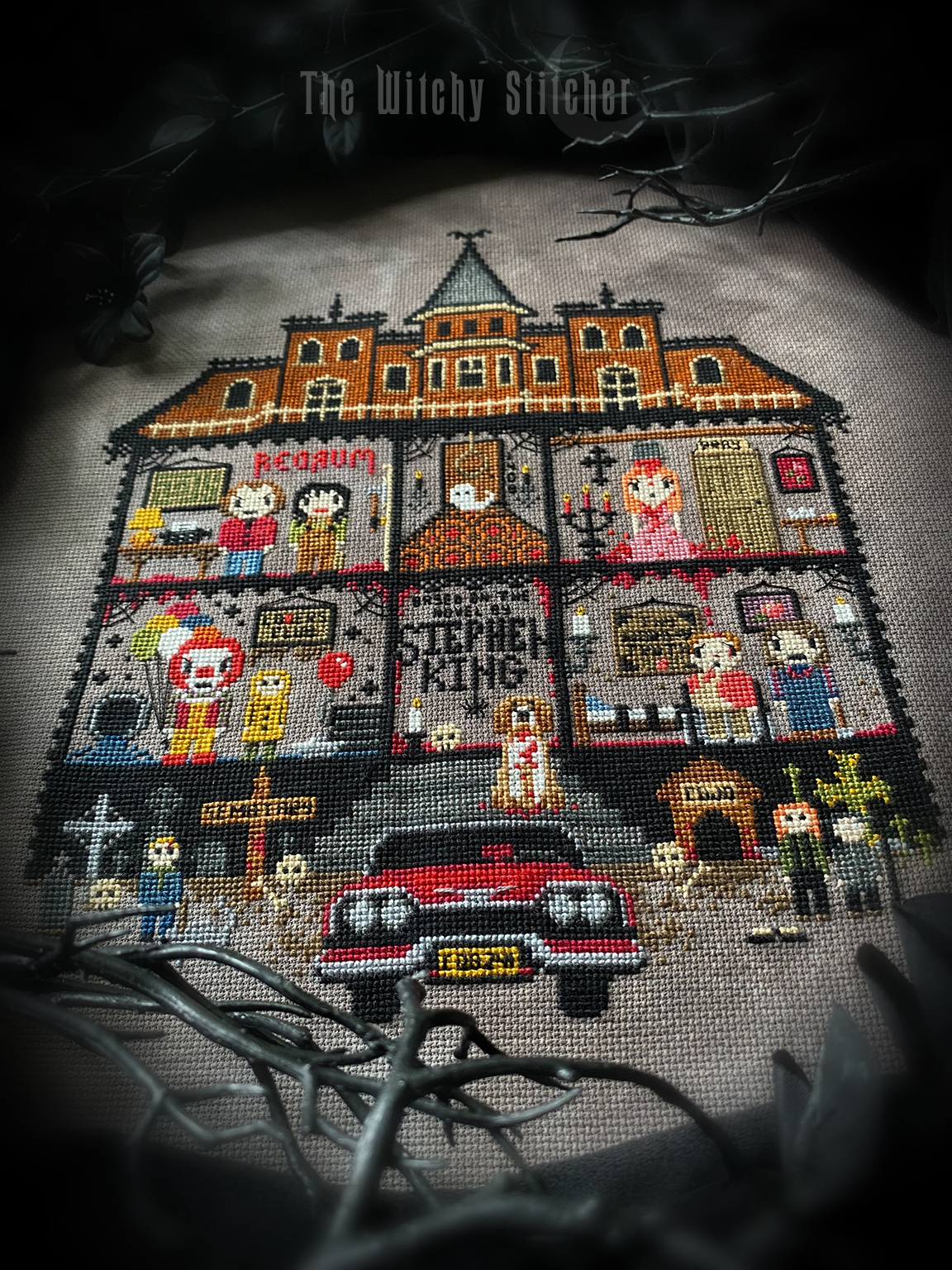 Stephen King House - Halloween Cross Stitch Pattern, different perspective #1, zoomed in. Select this picture to zoom back out.