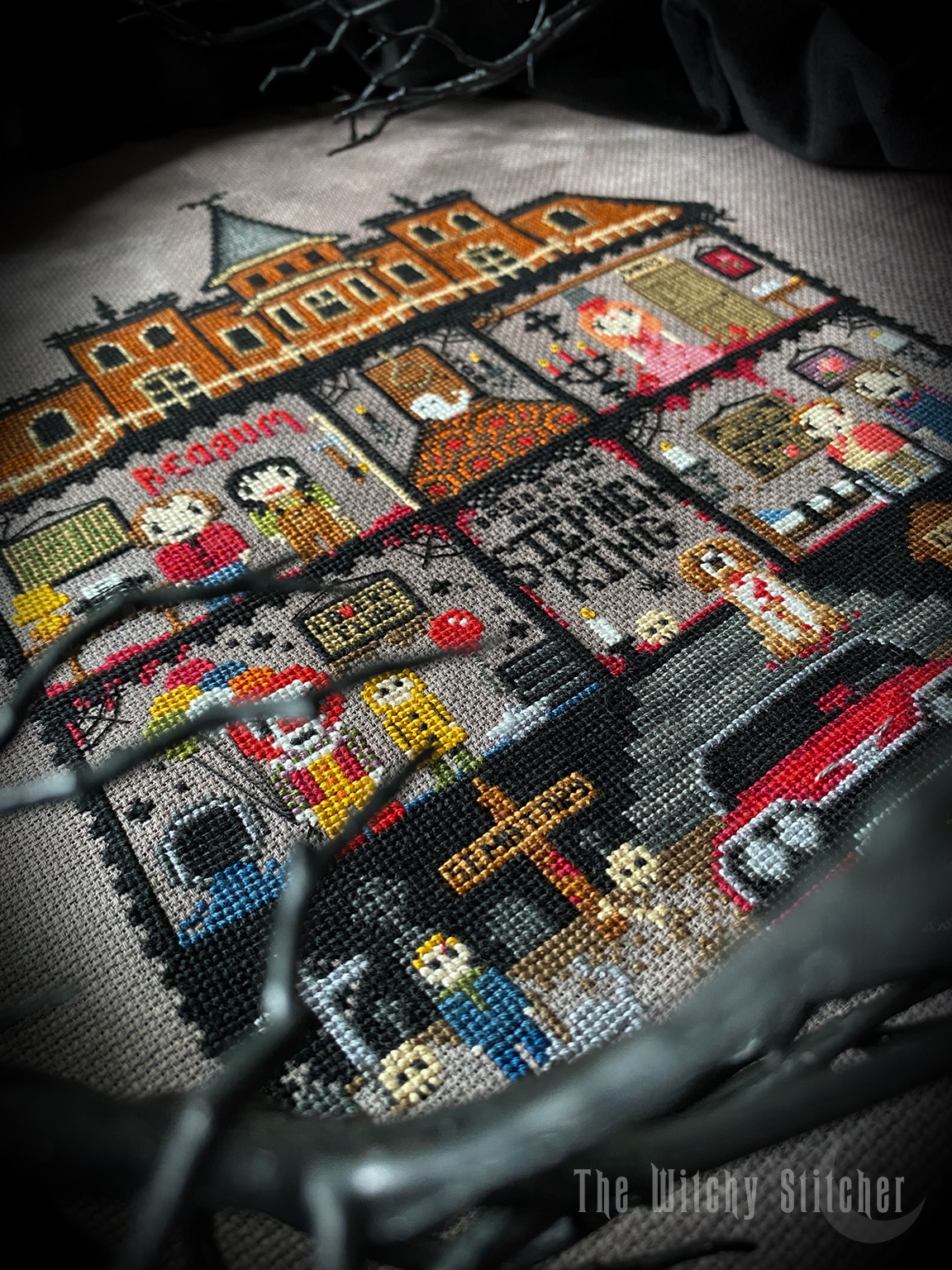 Stephen King House - Halloween Cross Stitch Pattern, different perspective #2, zoomed in. Select this picture to zoom back out.