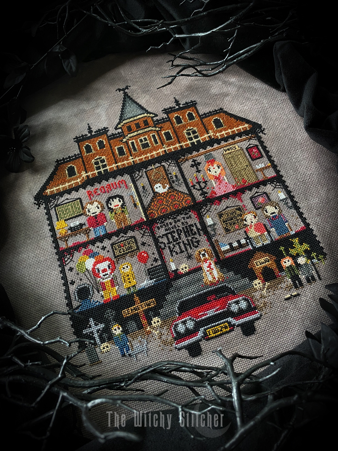 Stephen King House - Halloween Cross Stitch Pattern, different perspective #3, zoomed in. Select this picture to zoom back out.