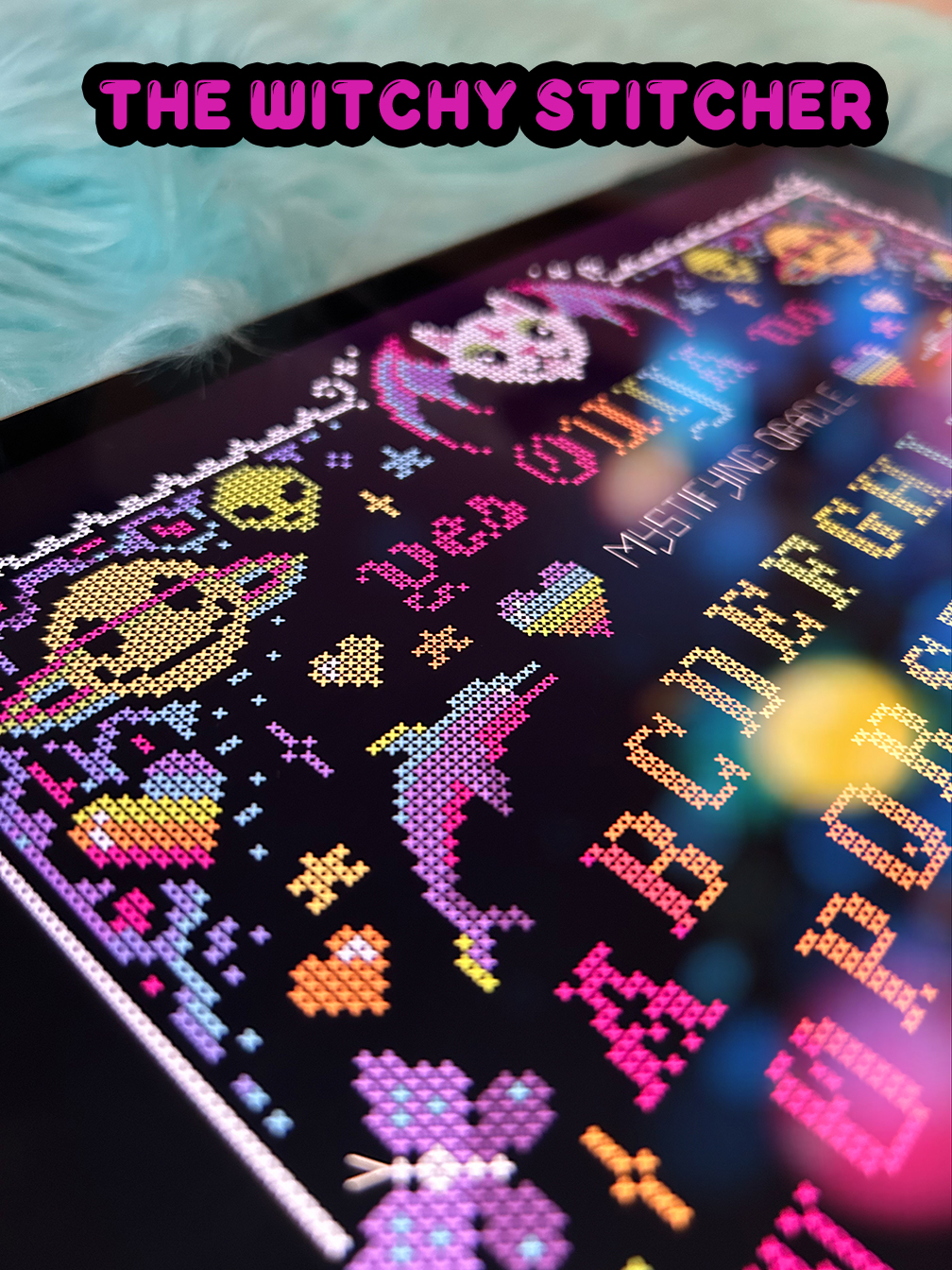 Nostalgic Ouija - Halloween Cross Stitch Pattern, different perspective #1, zoomed in. Select this picture to zoom back out.