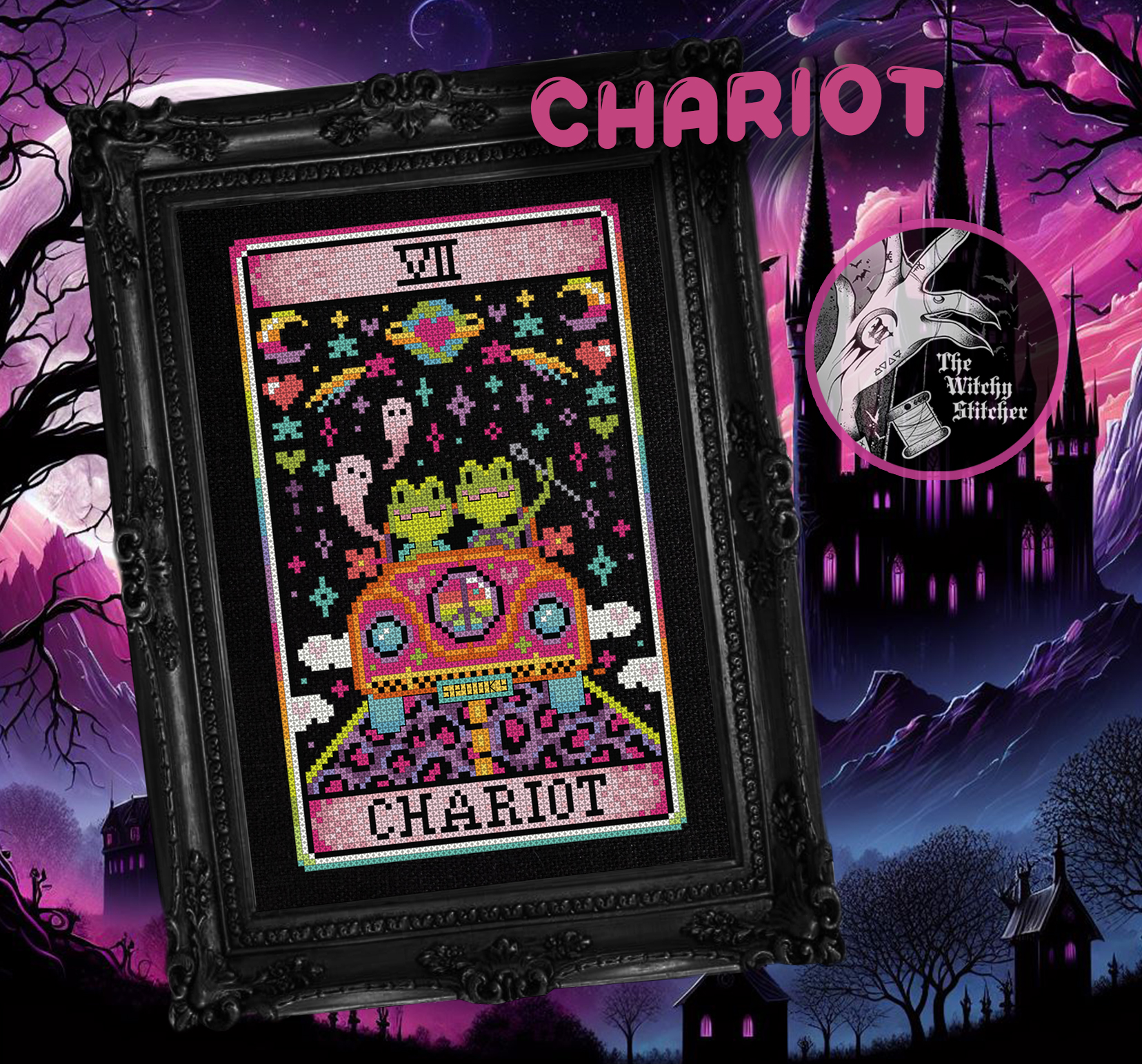 The Chariot - Halloween Cross Stitch Pattern, different perspective #1, zoomed in. Select this picture to zoom back out.