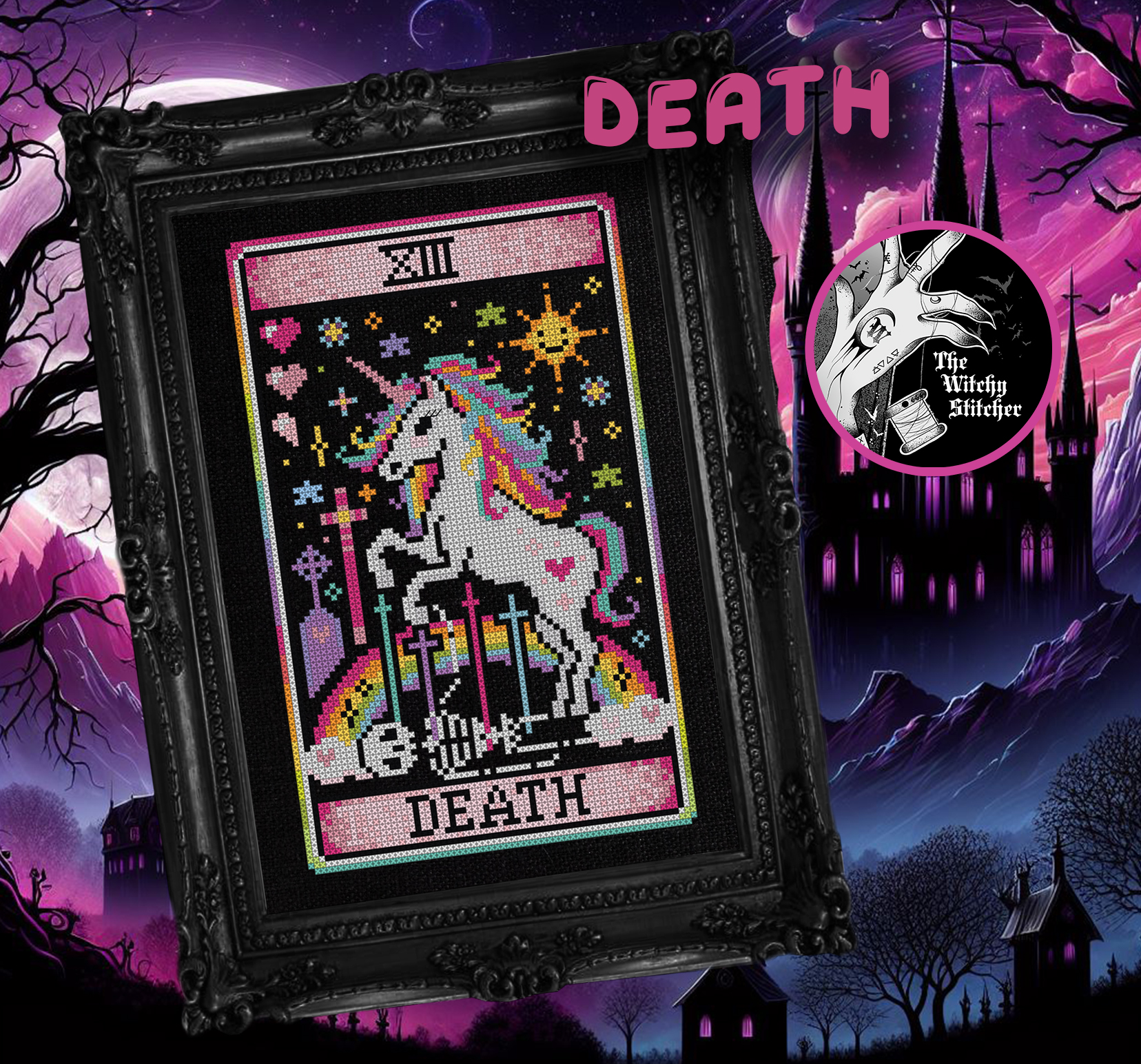 Death - Halloween Cross Stitch Pattern, different perspective #1, zoomed in. Select this picture to zoom back out.