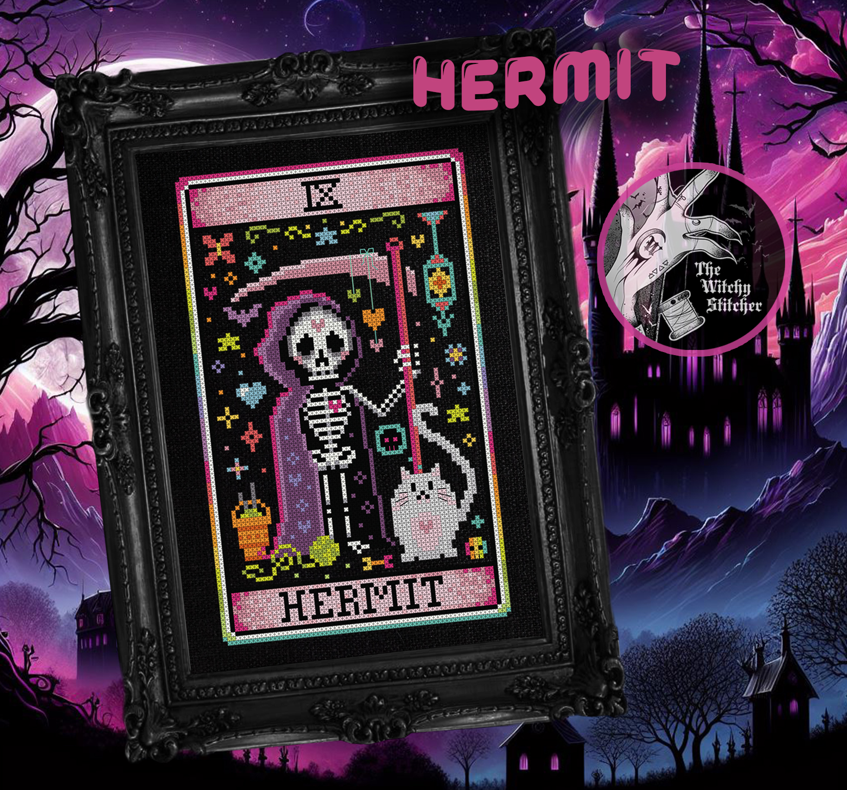 The Hermit - Halloween  Cross Stitch Pattern, different perspective #1, zoomed in. Select this picture to zoom back out.