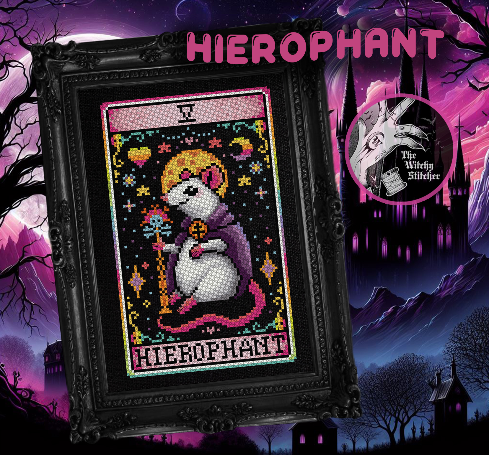 Hierophant - Halloween Cross Stitch Pattern, different perspective #1, zoomed in. Select this picture to zoom back out.