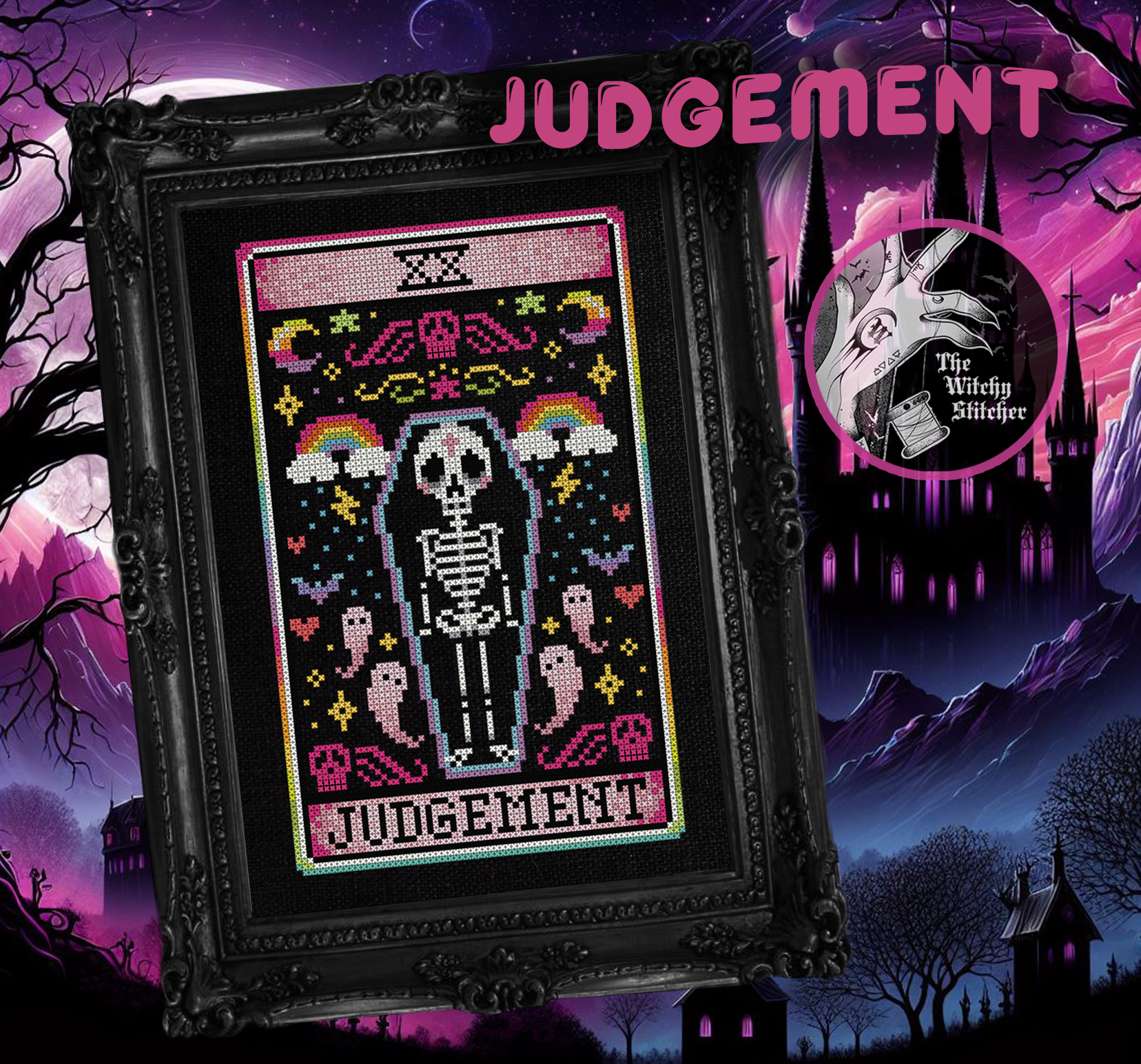 Judgement - Halloween Cross Stitch Pattern, different perspective #1, zoomed in. Select this picture to zoom back out.
