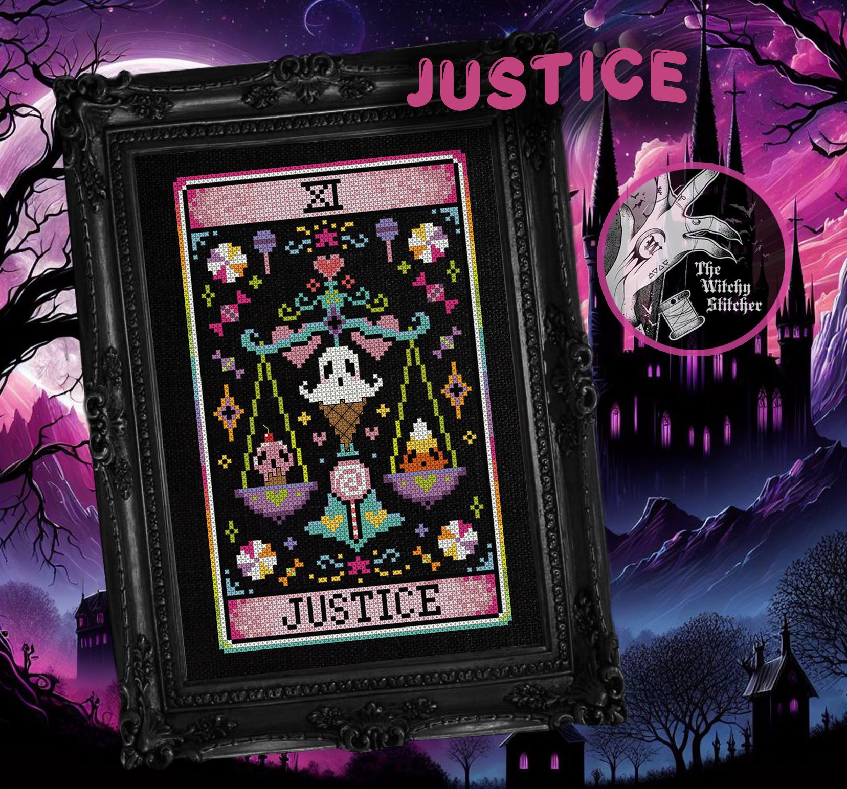 Justice - Halloween Cross Stitch Pattern, different perspective #1, zoomed in. Select this picture to zoom back out.