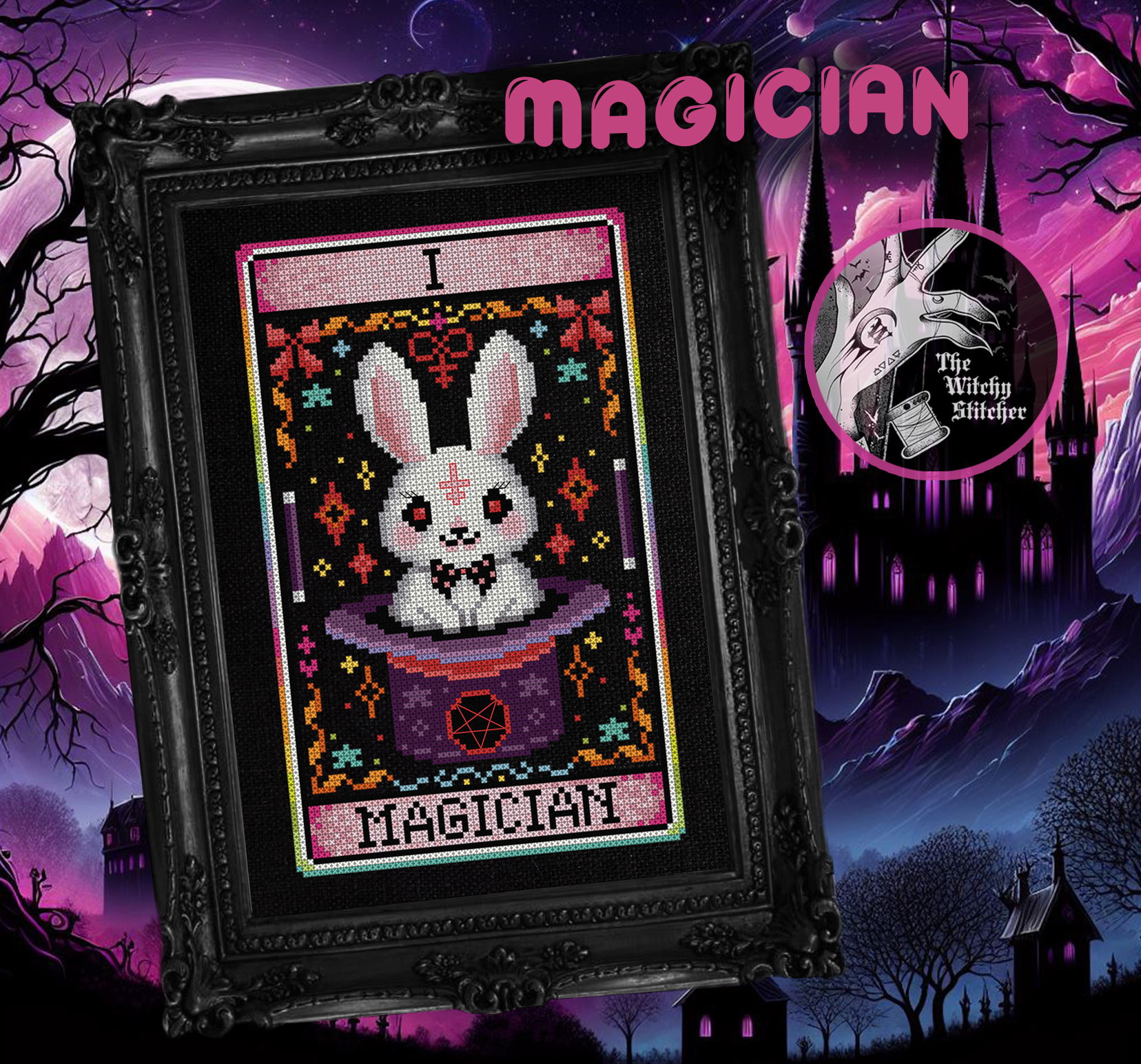 The Magician - Halloween Cross Stitch Pattern, different perspective #1, zoomed in. Select this picture to zoom back out.