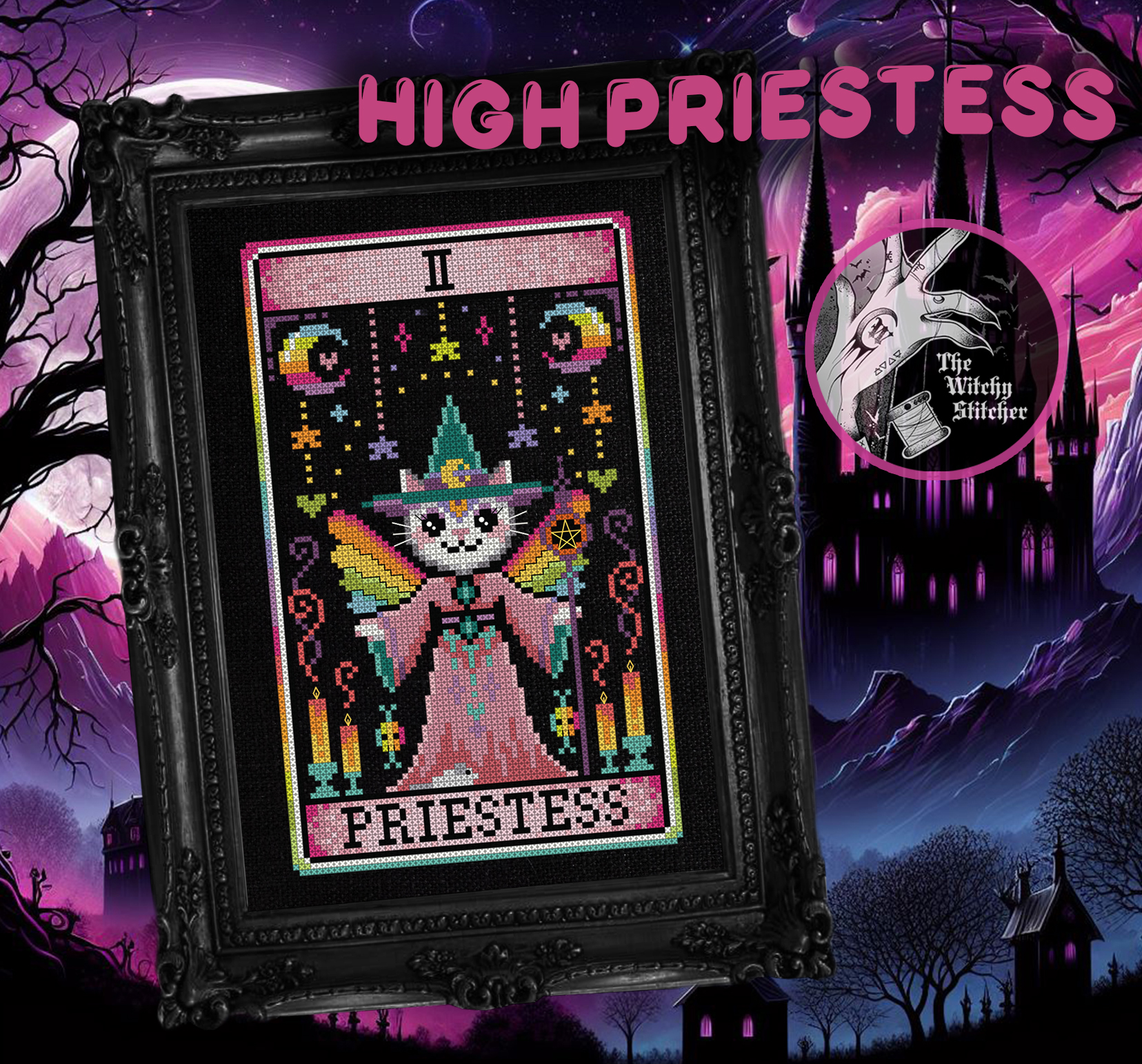 The High Priestess - Halloween Cross Stitch Pattern, different perspective #1, zoomed in. Select this picture to zoom back out.