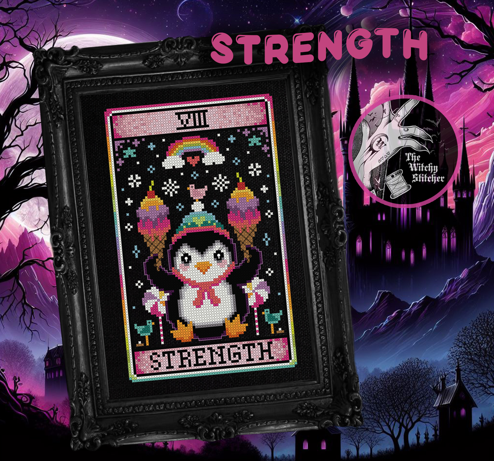 Strength - Halloween Cross Stitch Pattern, different perspective #1, zoomed in. Select this picture to zoom back out.