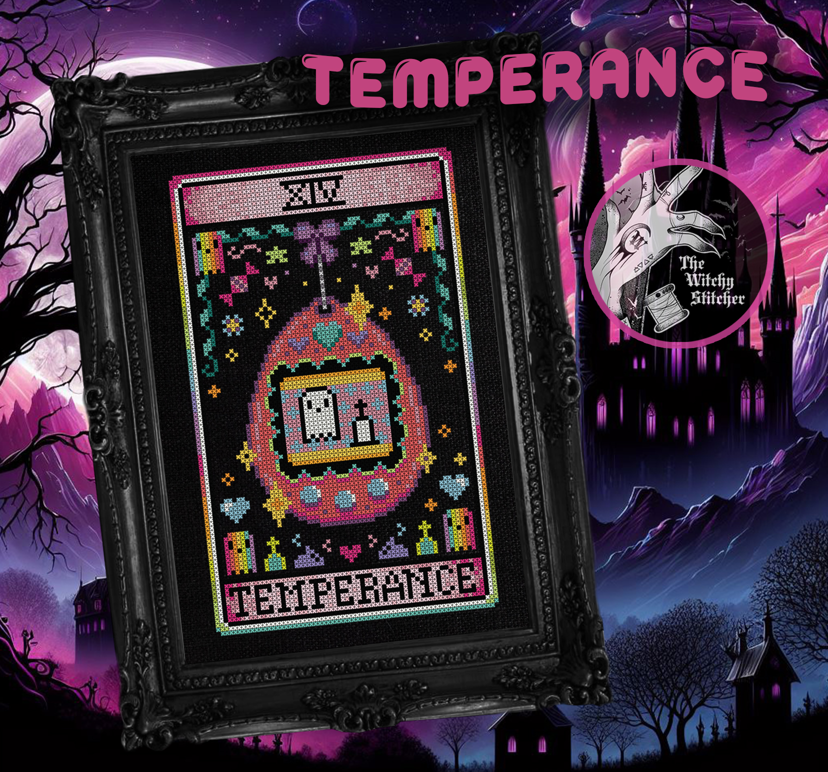 Temperance - Halloween Cross Stitch Pattern, different perspective #1, zoomed in. Select this picture to zoom back out.