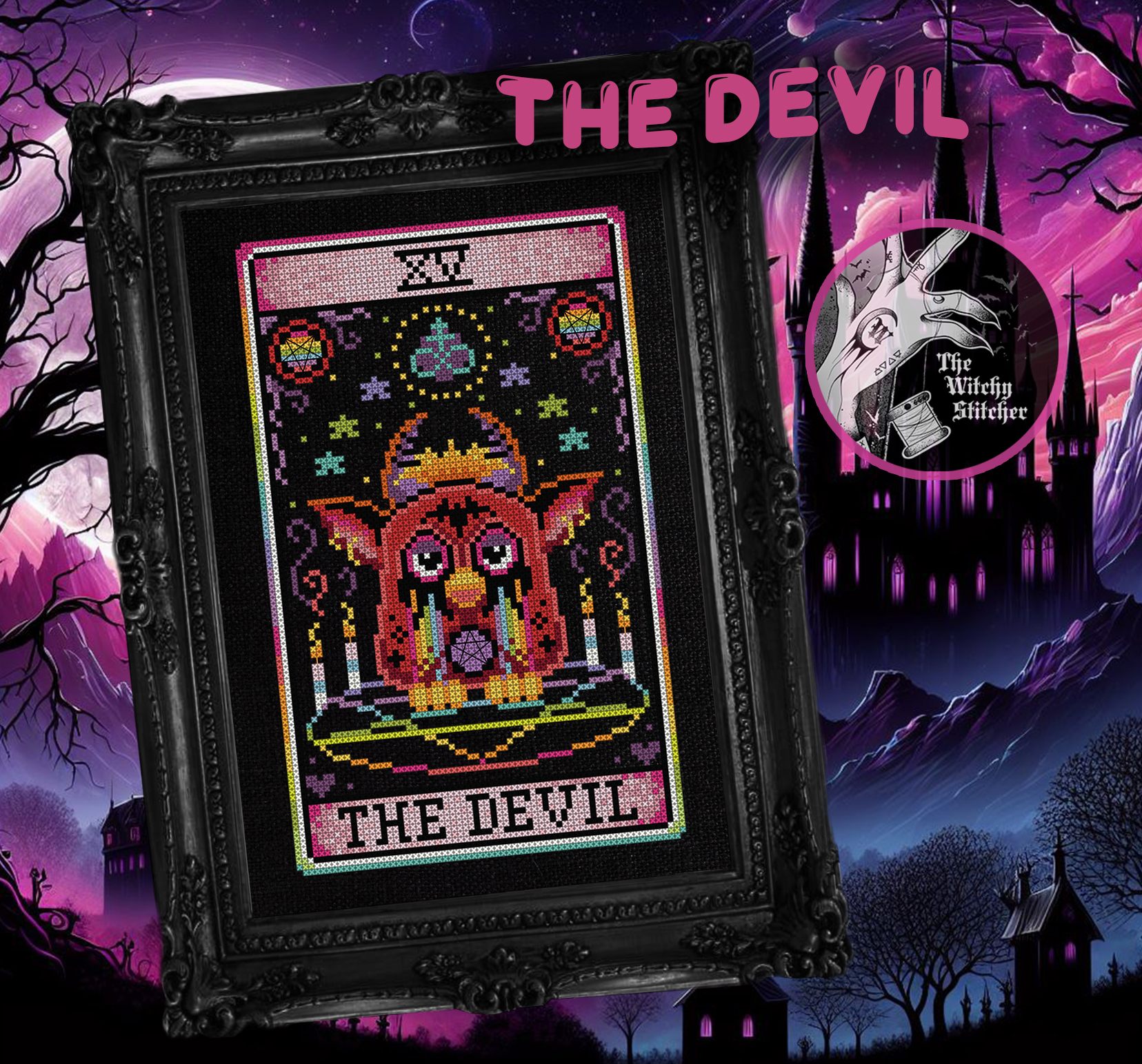 The Devil - Halloween Cross Stitch Pattern, different perspective #1, zoomed in. Select this picture to zoom back out.