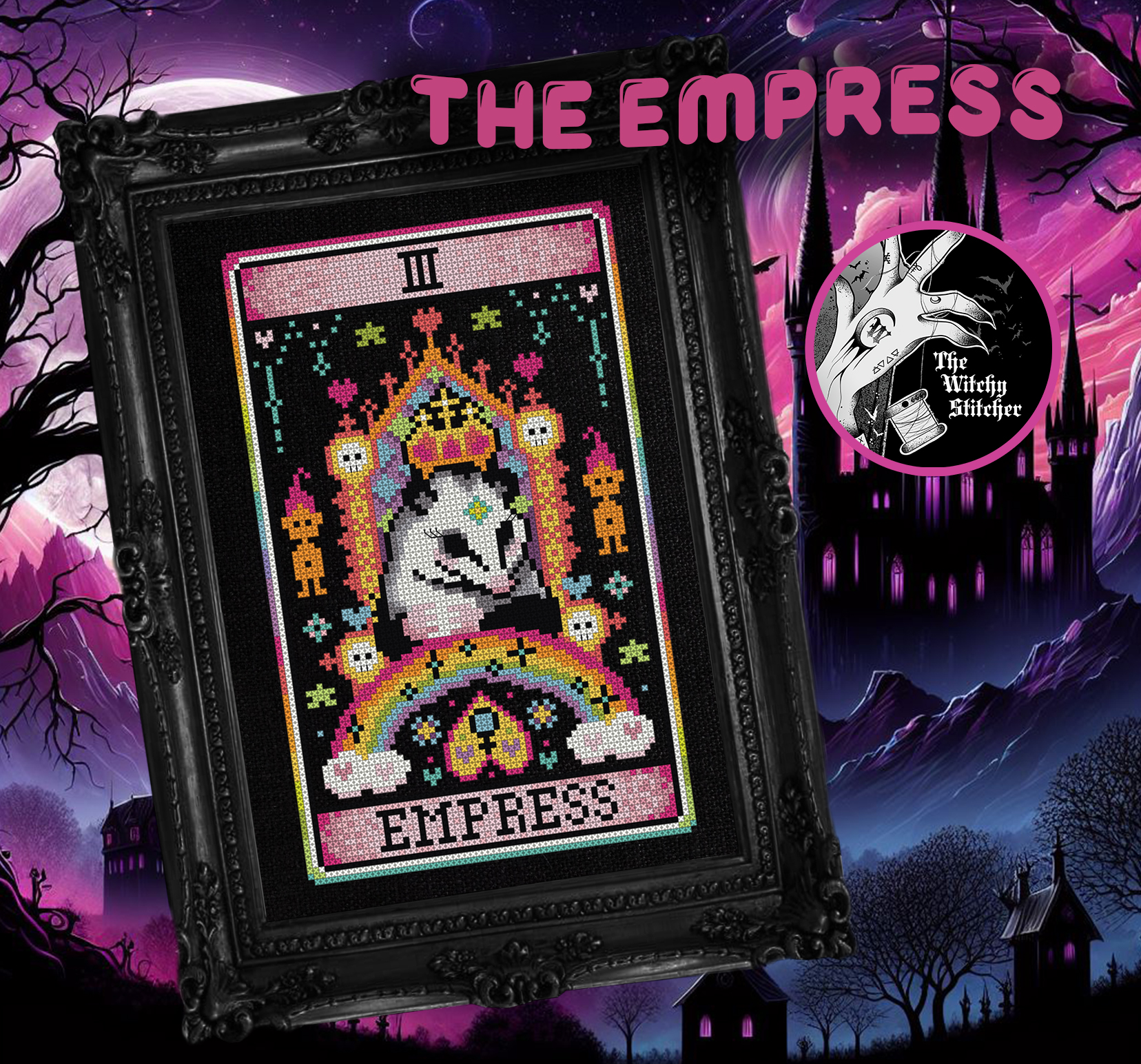 The Empress - Halloween Cross Stitch Pattern, different perspective #1, zoomed in. Select this picture to zoom back out.