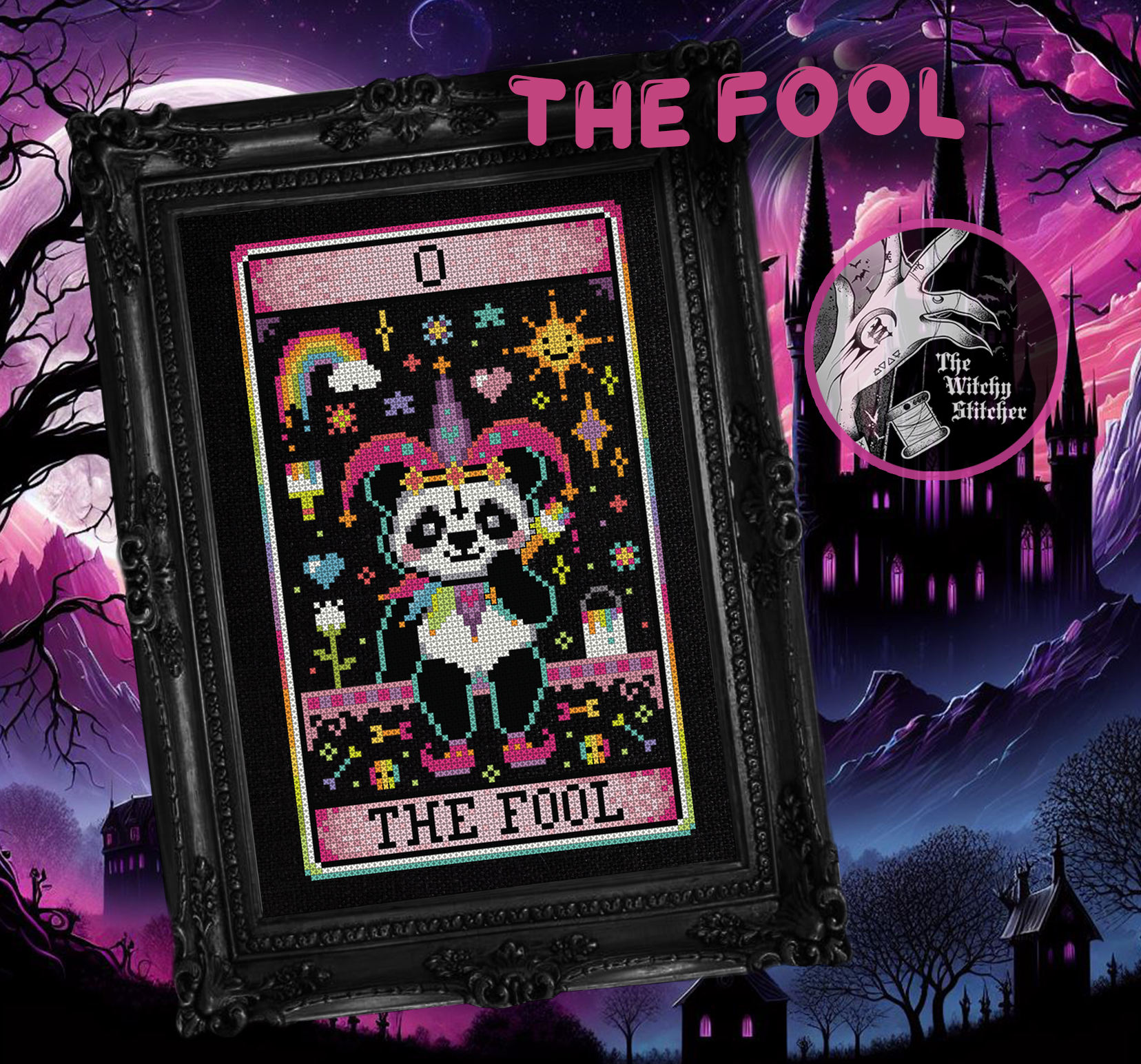 The Fool - Halloween Cross Stitch Pattern, different perspective #1, zoomed in. Select this picture to zoom back out.