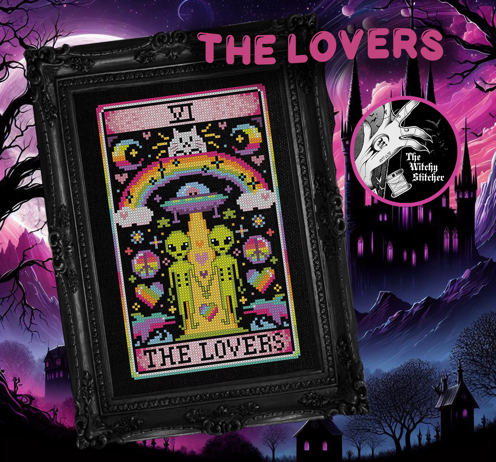 The Lovers - Halloween Cross Stitch Pattern, different perspective #1, zoomed in. Select this picture to zoom back out.
