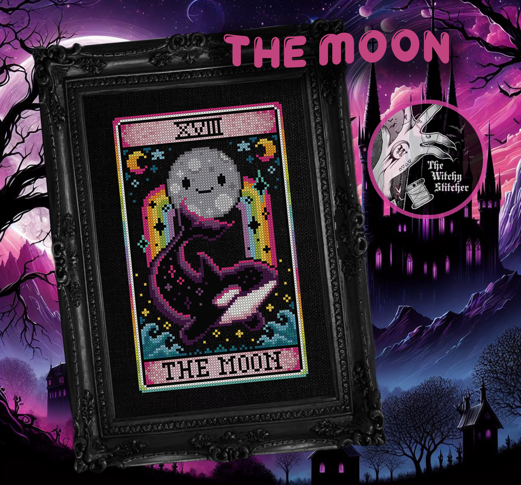 The Moon - Halloween Cross Stitch Pattern, different perspective #1, zoomed in. Select this picture to zoom back out.