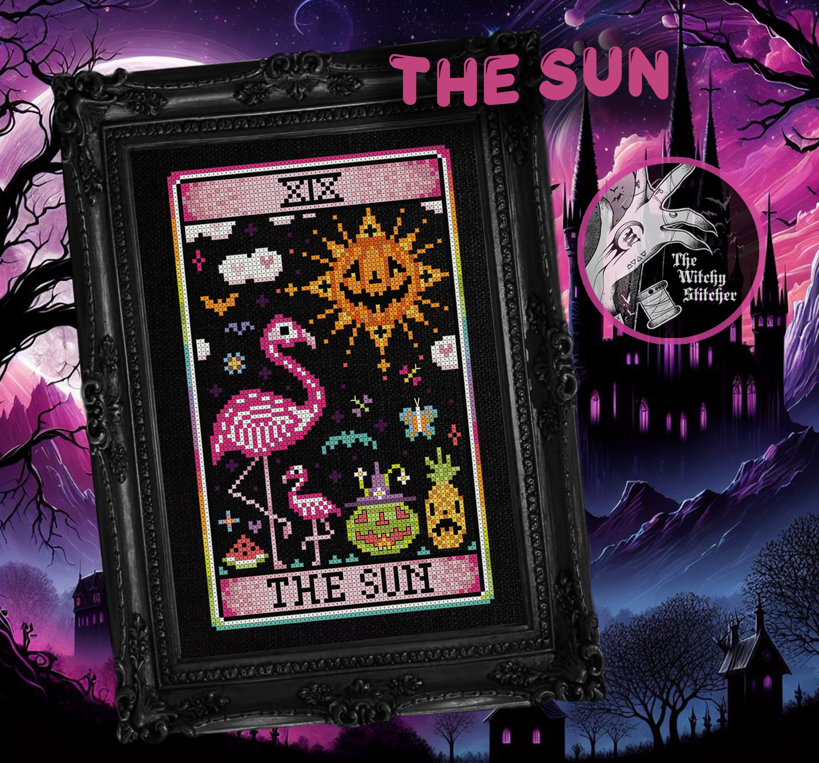 The Sun - Halloween Cross Stitch Pattern, different perspective #1, zoomed in. Select this picture to zoom back out.