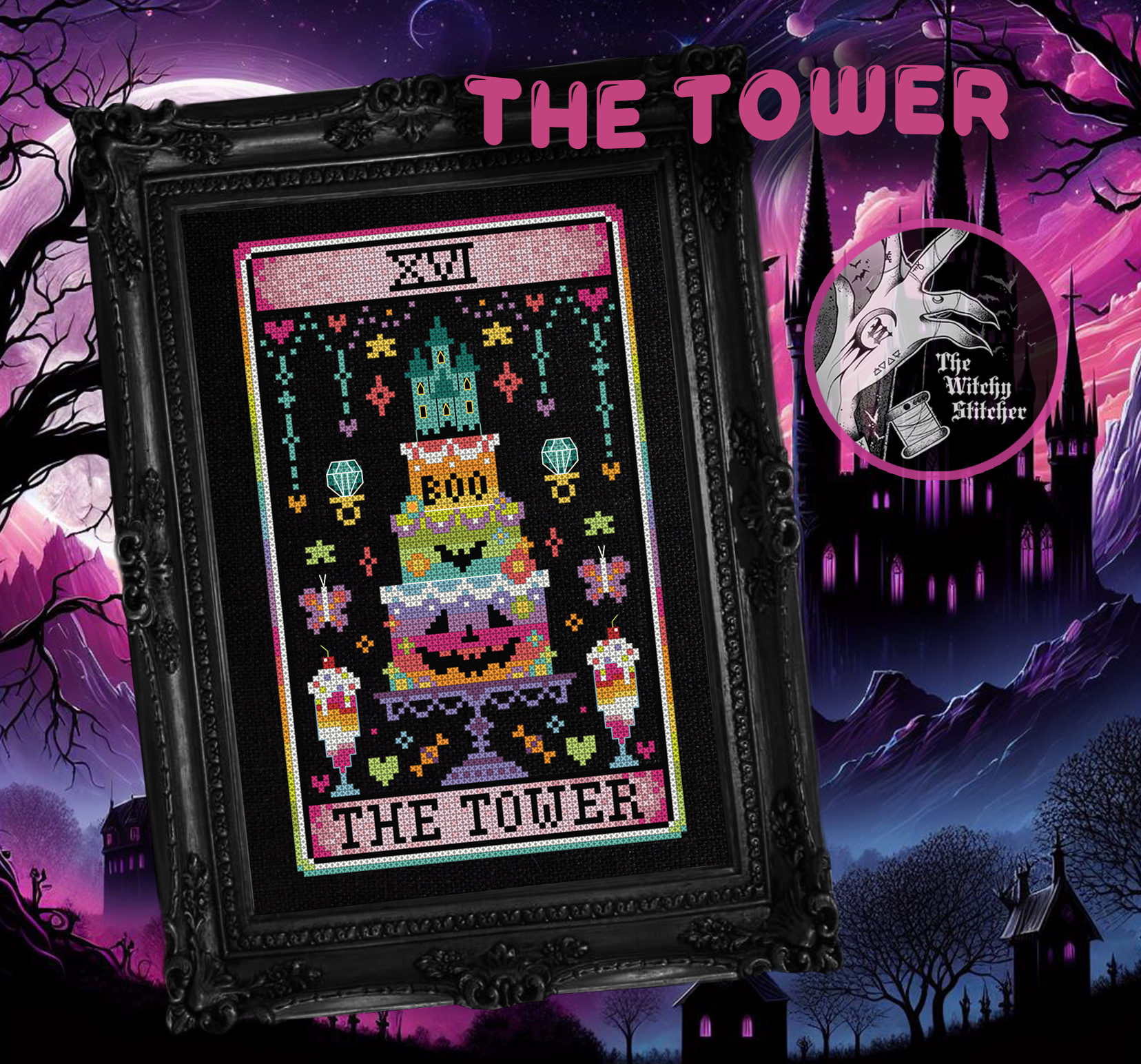 The Tower - Halloween Cross Stitch Pattern, different perspective #1, zoomed in. Select this picture to zoom back out.