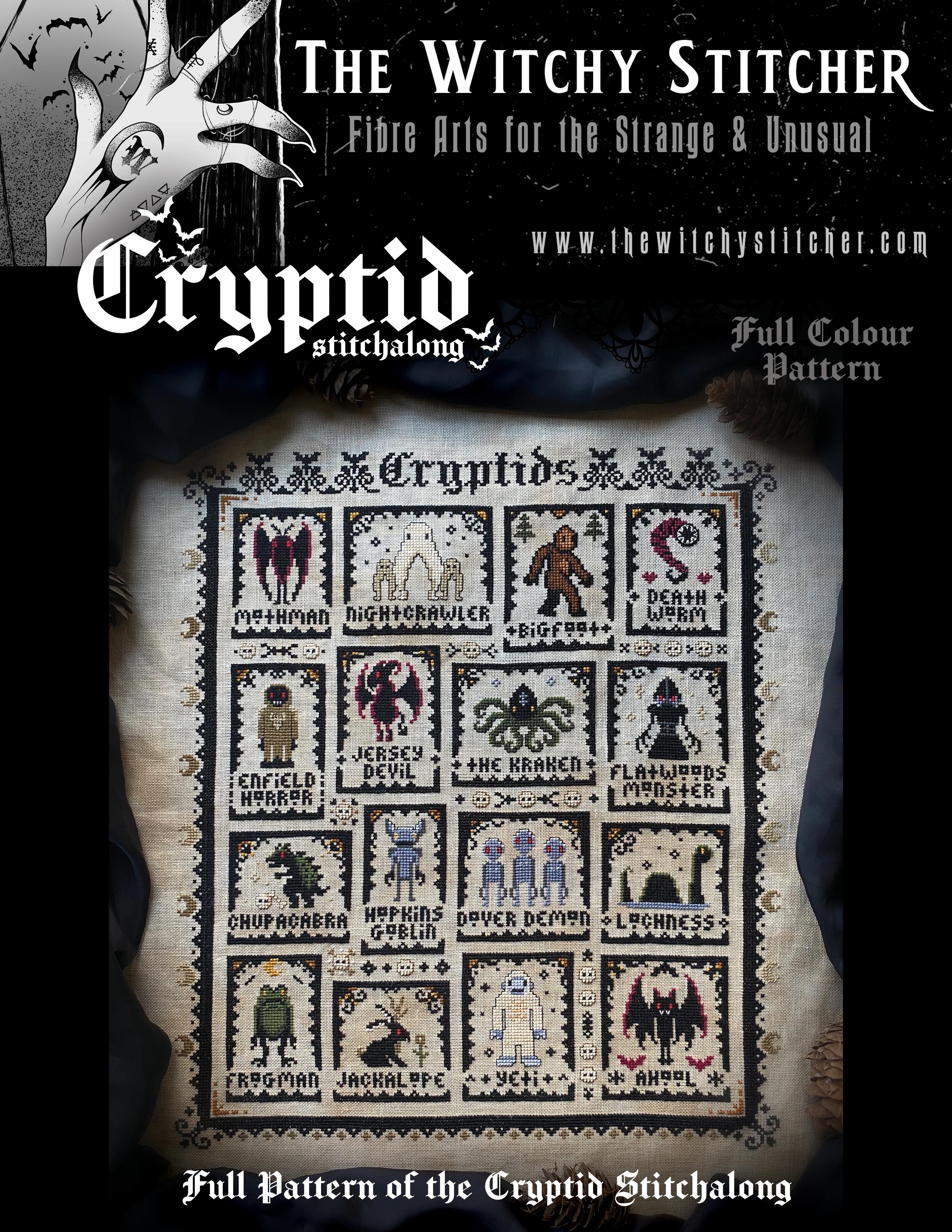 Cryptids Stitchalong Complete - Cross Stitch Pattern, zoomed in. Select this picture to zoom back out.