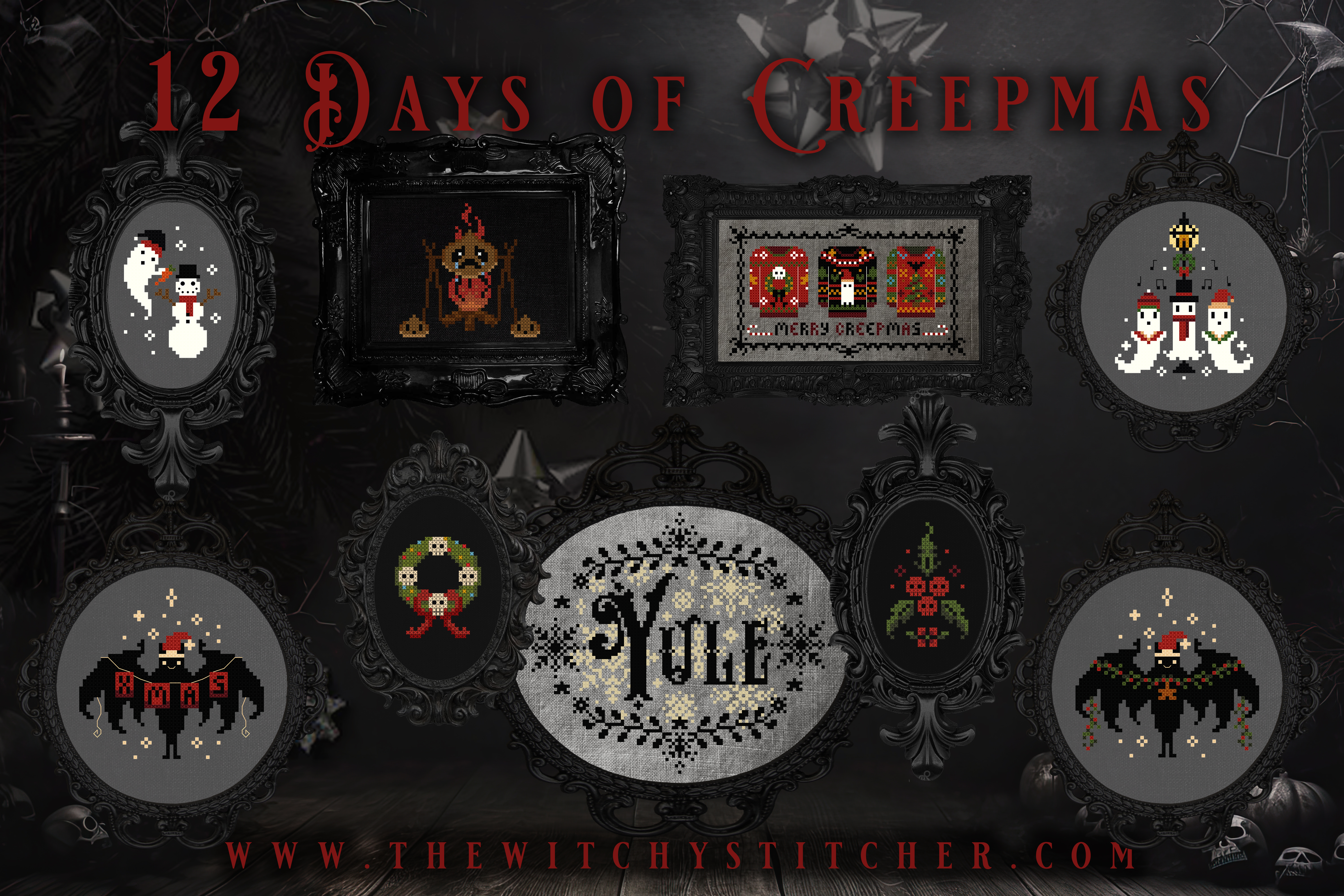 12 Days Of Creepmas Set - Halloween Cross Stitch Pattern, different perspective #1, zoomed in. Select this picture to zoom back out.