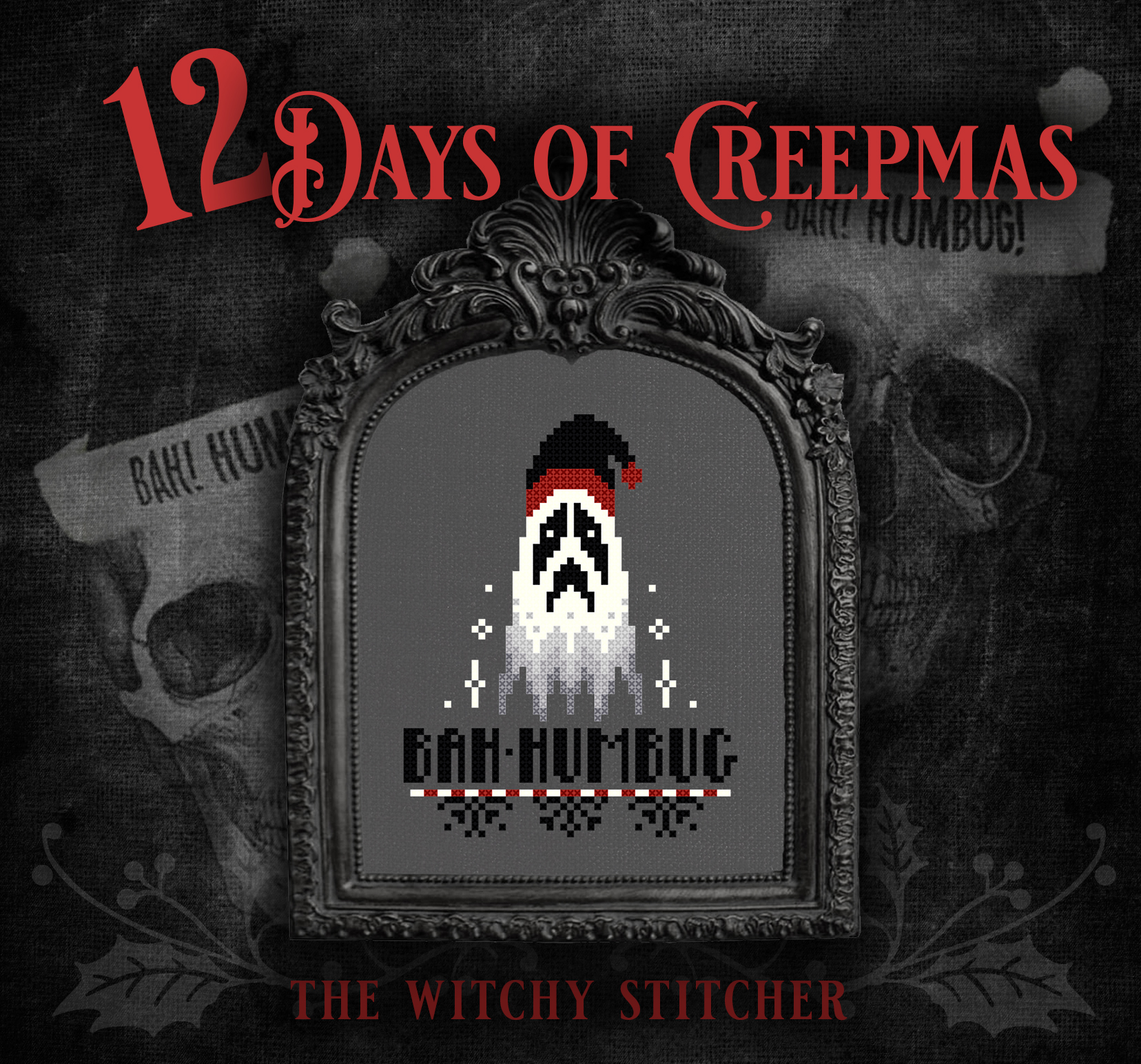 12 Days Of Creepmas Set - Halloween Cross Stitch Pattern, different perspective #2, zoomed in. Select this picture to zoom back out.