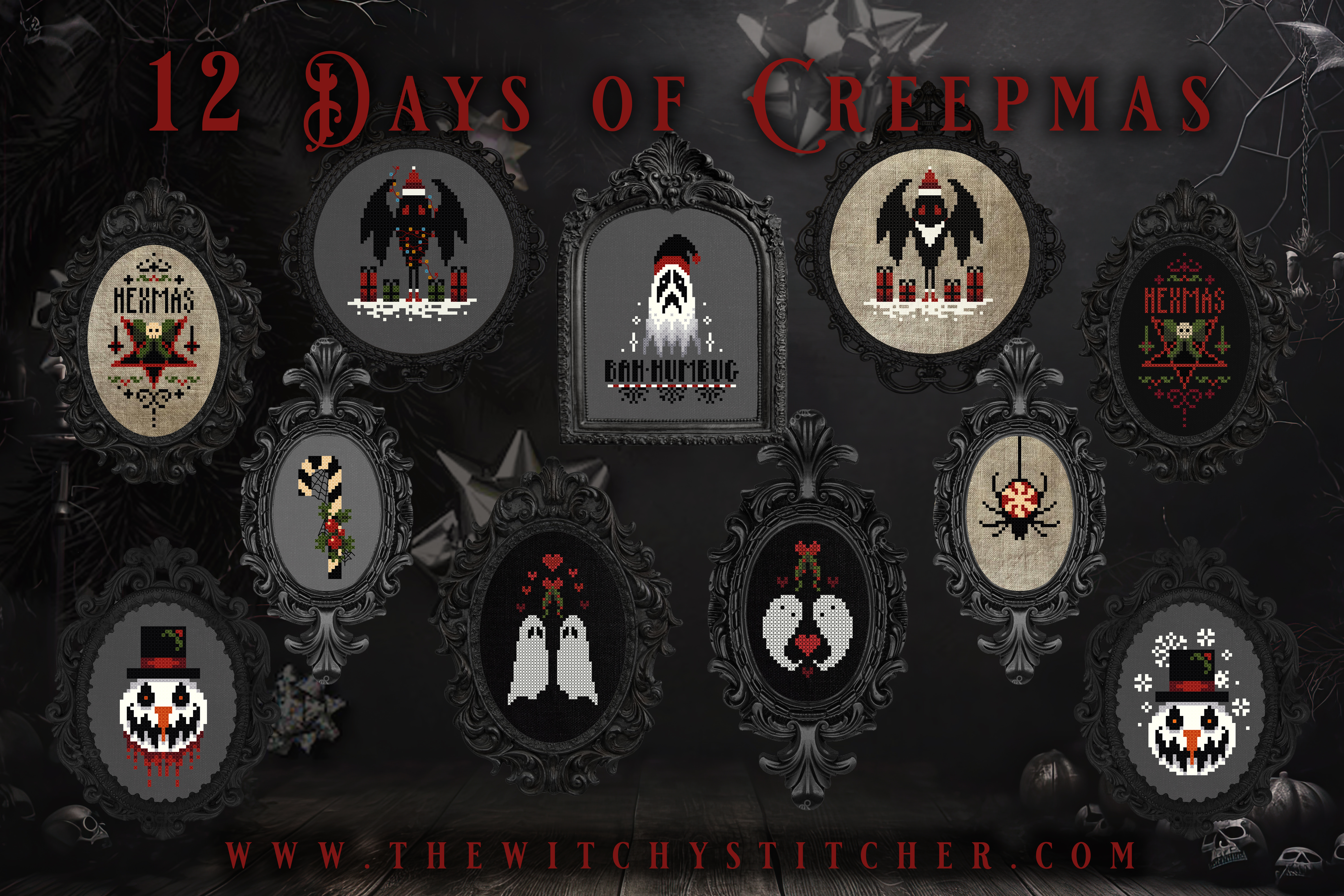 12 Days Of Creepmas Set - Halloween Cross Stitch Pattern, zoomed in. Select this picture to zoom back out.