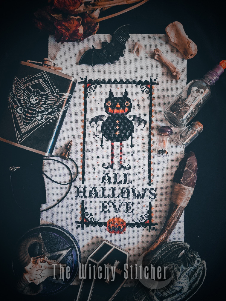 All Hallows Bat - Halloween Cross Stitch Pattern, different perspective #1, zoomed in. Select this picture to zoom back out.