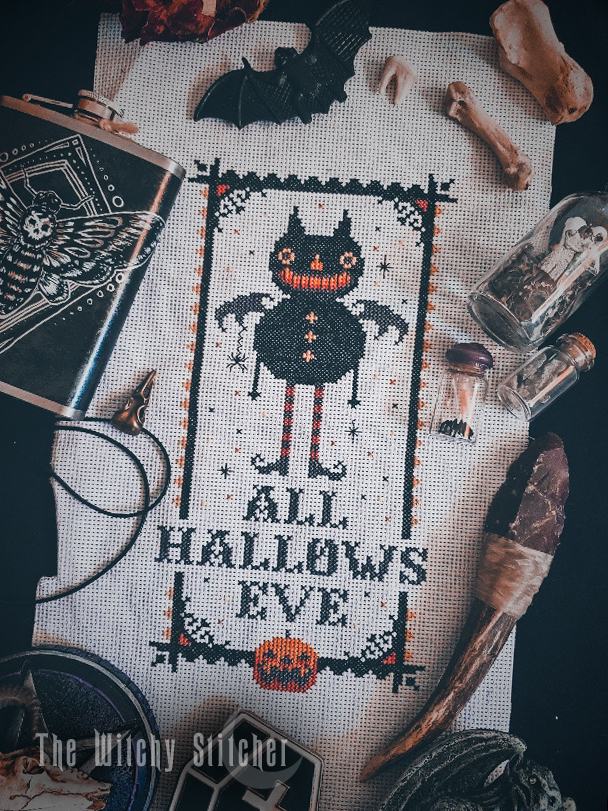 All Hallows Bat - Halloween Cross Stitch Pattern, different perspective #2, zoomed in. Select this picture to zoom back out.