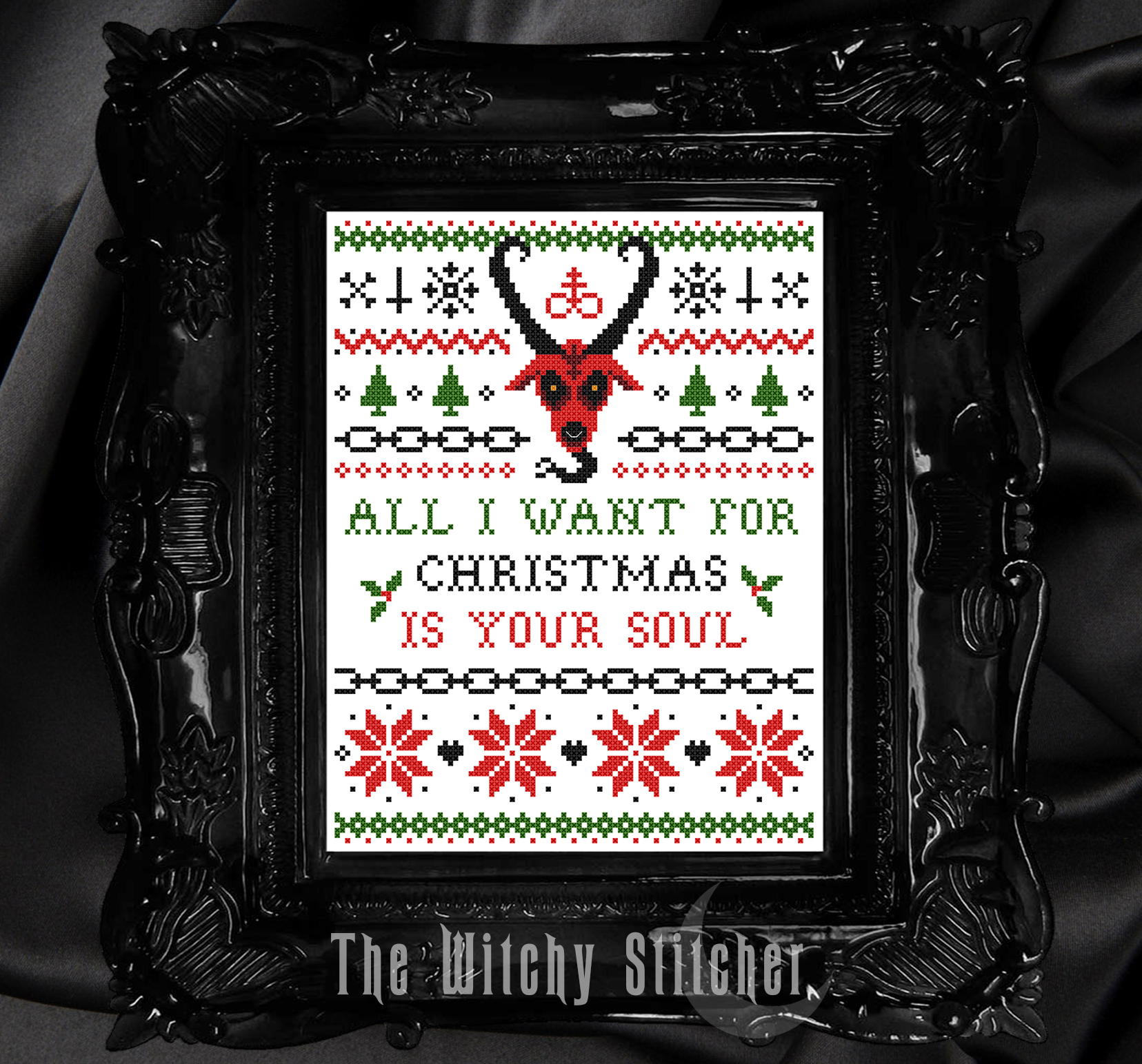 All I Want For Christmas - Halloween Cross Stitch Pattern, different perspective #1, zoomed in. Select this picture to zoom back out.