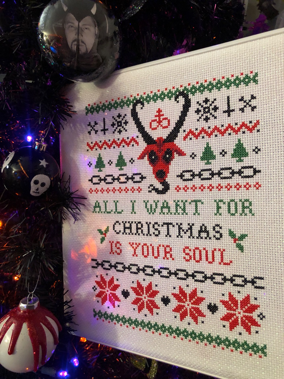 All I Want For Christmas - Halloween Cross Stitch Pattern, different perspective #2, zoomed in. Select this picture to zoom back out.
