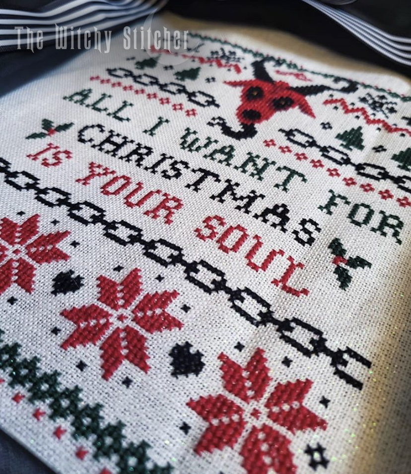 All I Want For Christmas - Halloween Cross Stitch Pattern, different perspective #3, zoomed in. Select this picture to zoom back out.