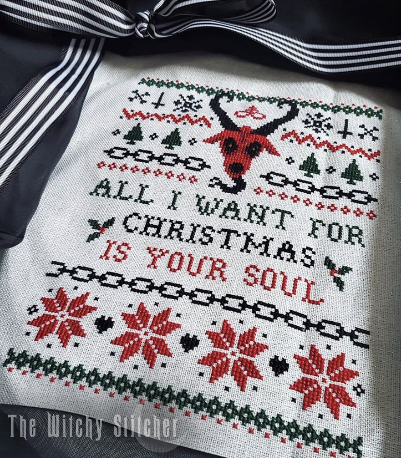 All I Want For Christmas - Halloween Cross Stitch Pattern, different perspective #4, zoomed in. Select this picture to zoom back out.