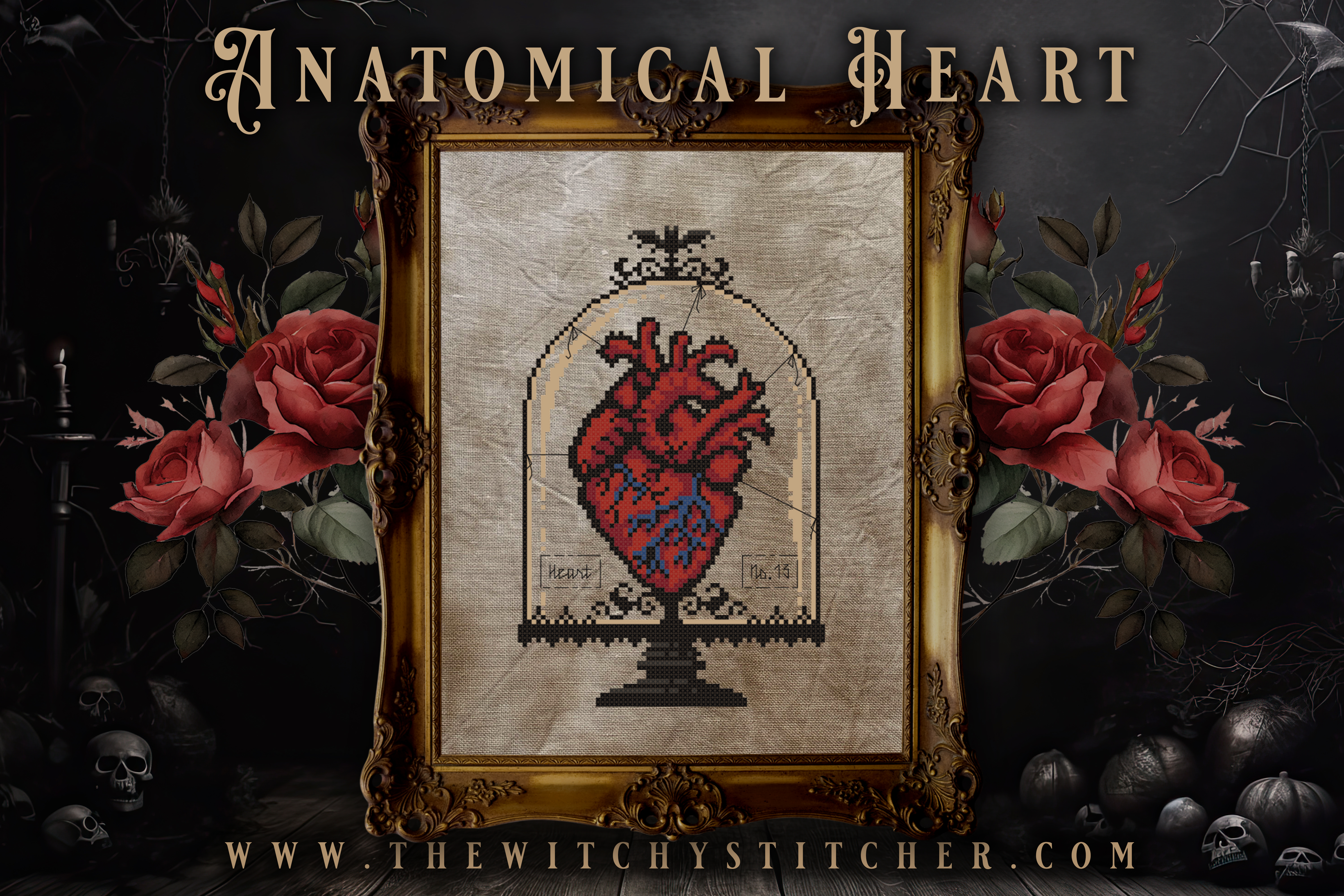 Anatomical Heart - Halloween Cross Stitch Pattern, different perspective #1, zoomed in. Select this picture to zoom back out.