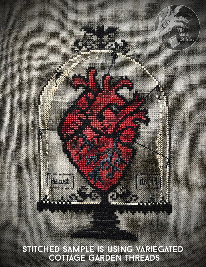 Anatomical Heart - Halloween Cross Stitch Pattern, different perspective #3, zoomed in. Select this picture to zoom back out.