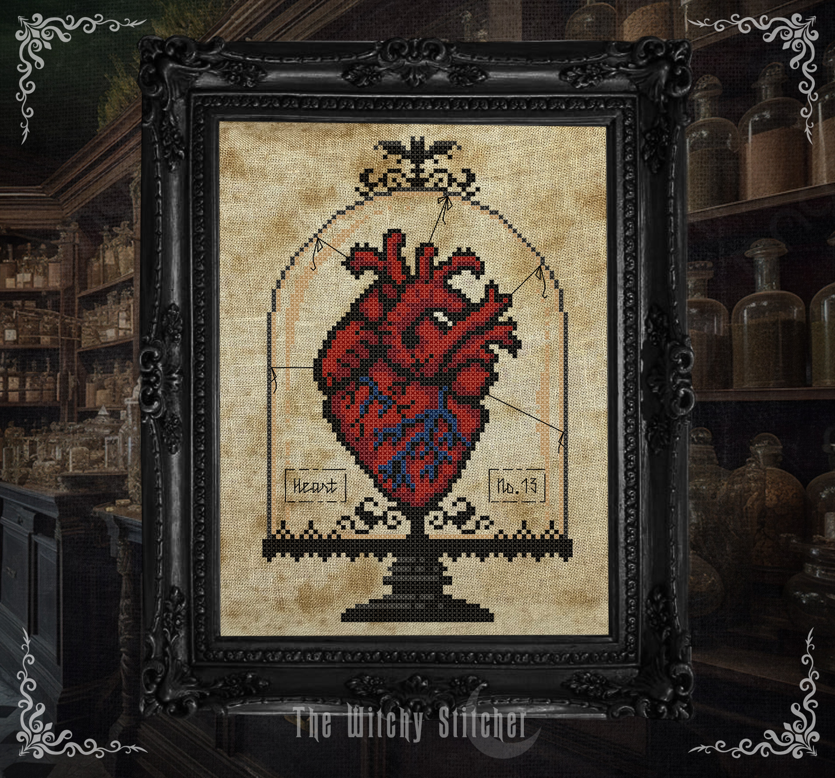 Anatomical Heart - Halloween Cross Stitch Pattern, zoomed in. Select this picture to zoom back out.