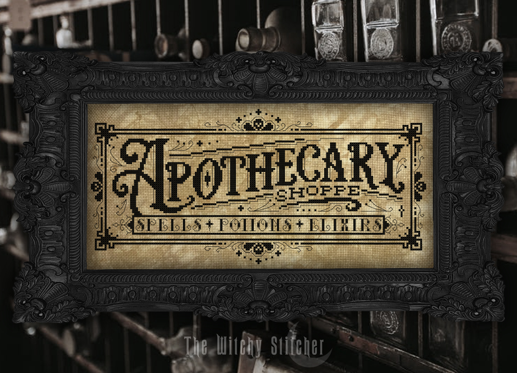 Apothecary Shoppe - Halloween Cross Stitch Pattern, different perspective #1, zoomed in. Select this picture to zoom back out.