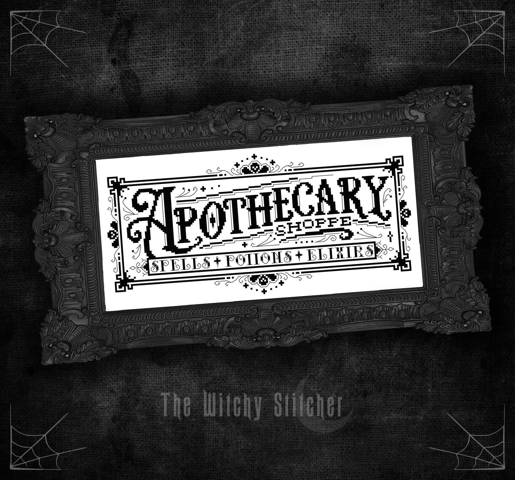 Apothecary Shoppe - Halloween Cross Stitch Pattern, different perspective #2, zoomed in. Select this picture to zoom back out.