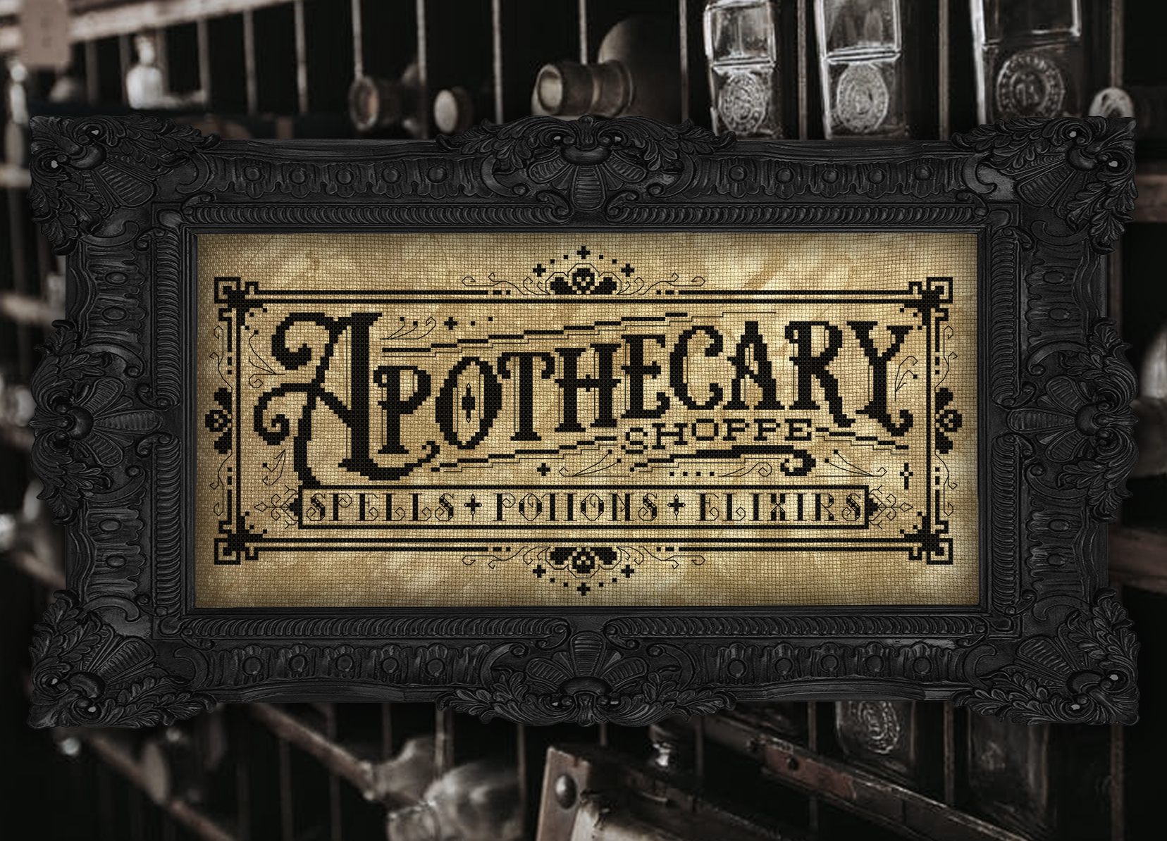Apothecary Shoppe - Halloween Cross Stitch Pattern, zoomed in. Select this picture to zoom back out.