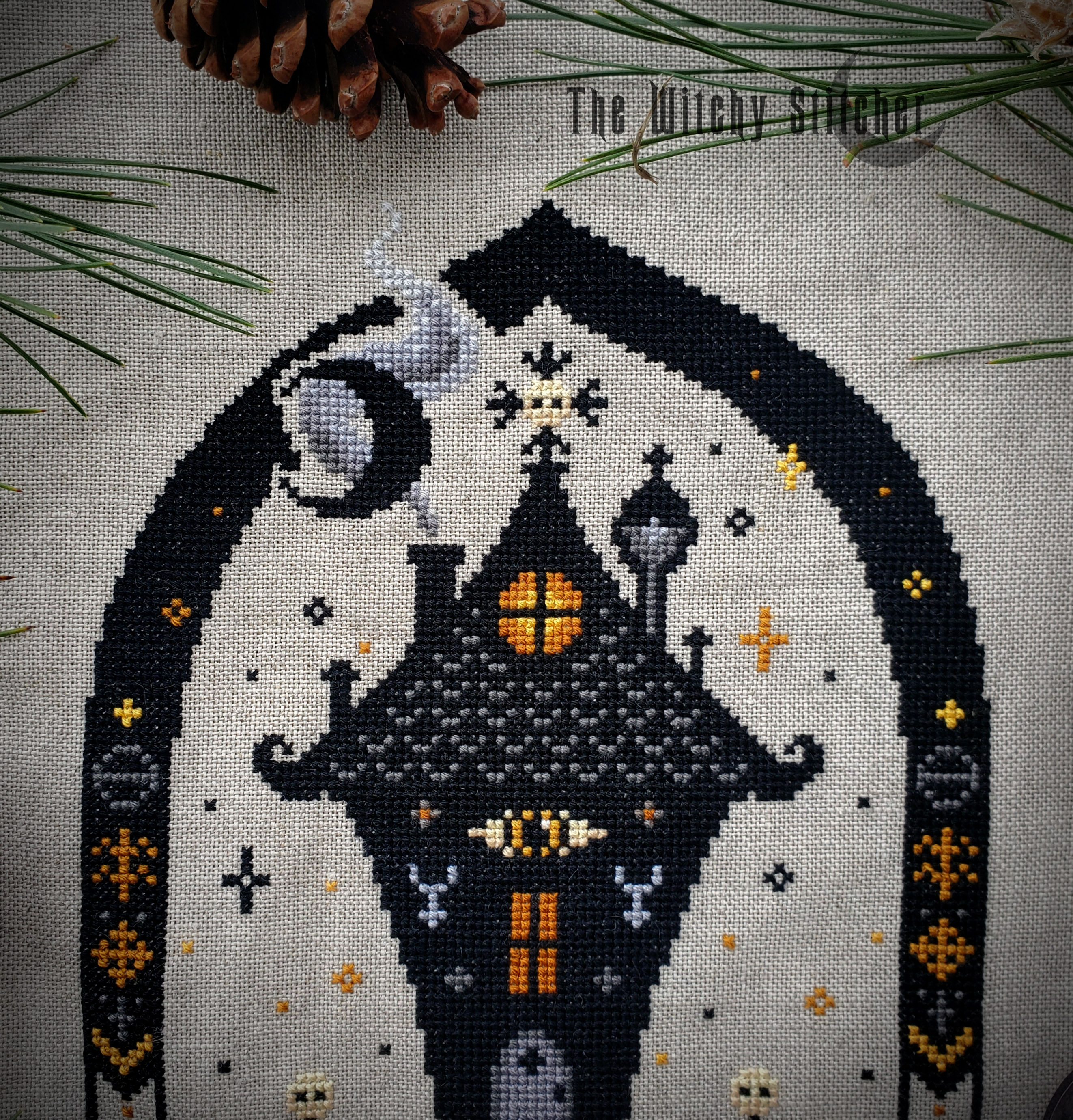 Baba Yaga - Halloween Cross Stitch Pattern, different perspective #1, zoomed in. Select this picture to zoom back out.