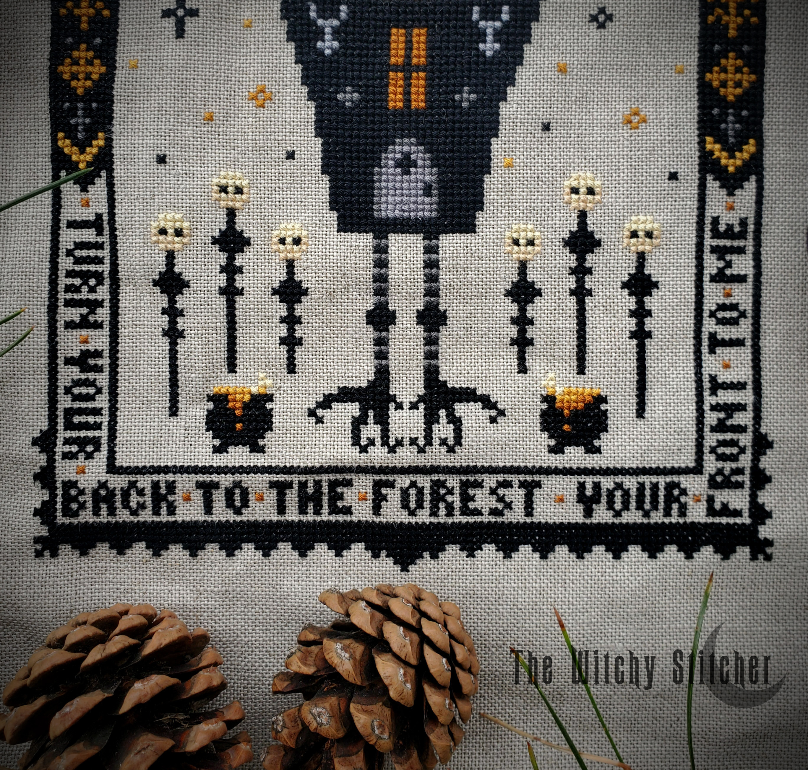 Baba Yaga - Halloween Cross Stitch Pattern, different perspective #2, zoomed in. Select this picture to zoom back out.