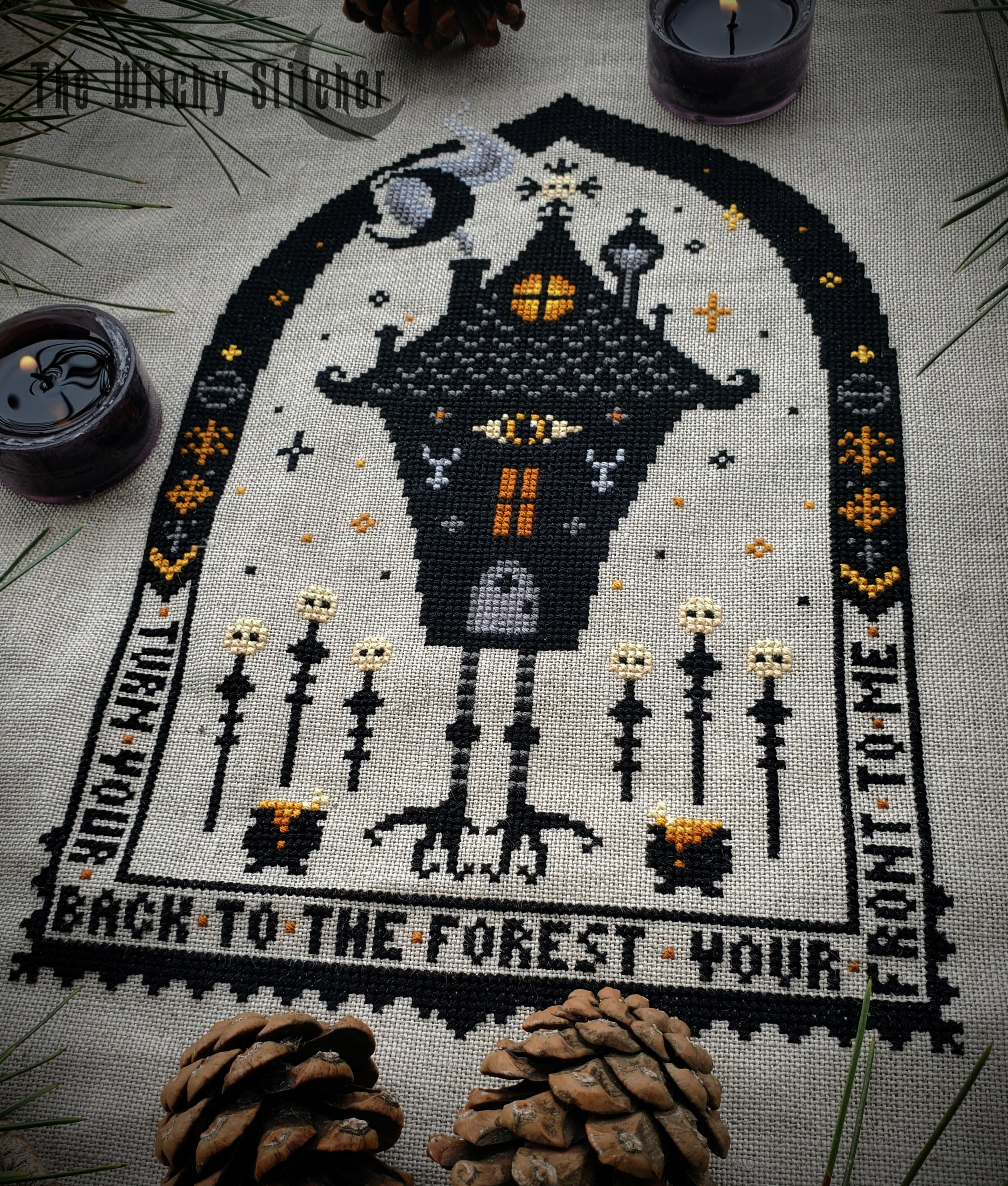 Baba Yaga - Halloween Cross Stitch Pattern, different perspective #3, zoomed in. Select this picture to zoom back out.