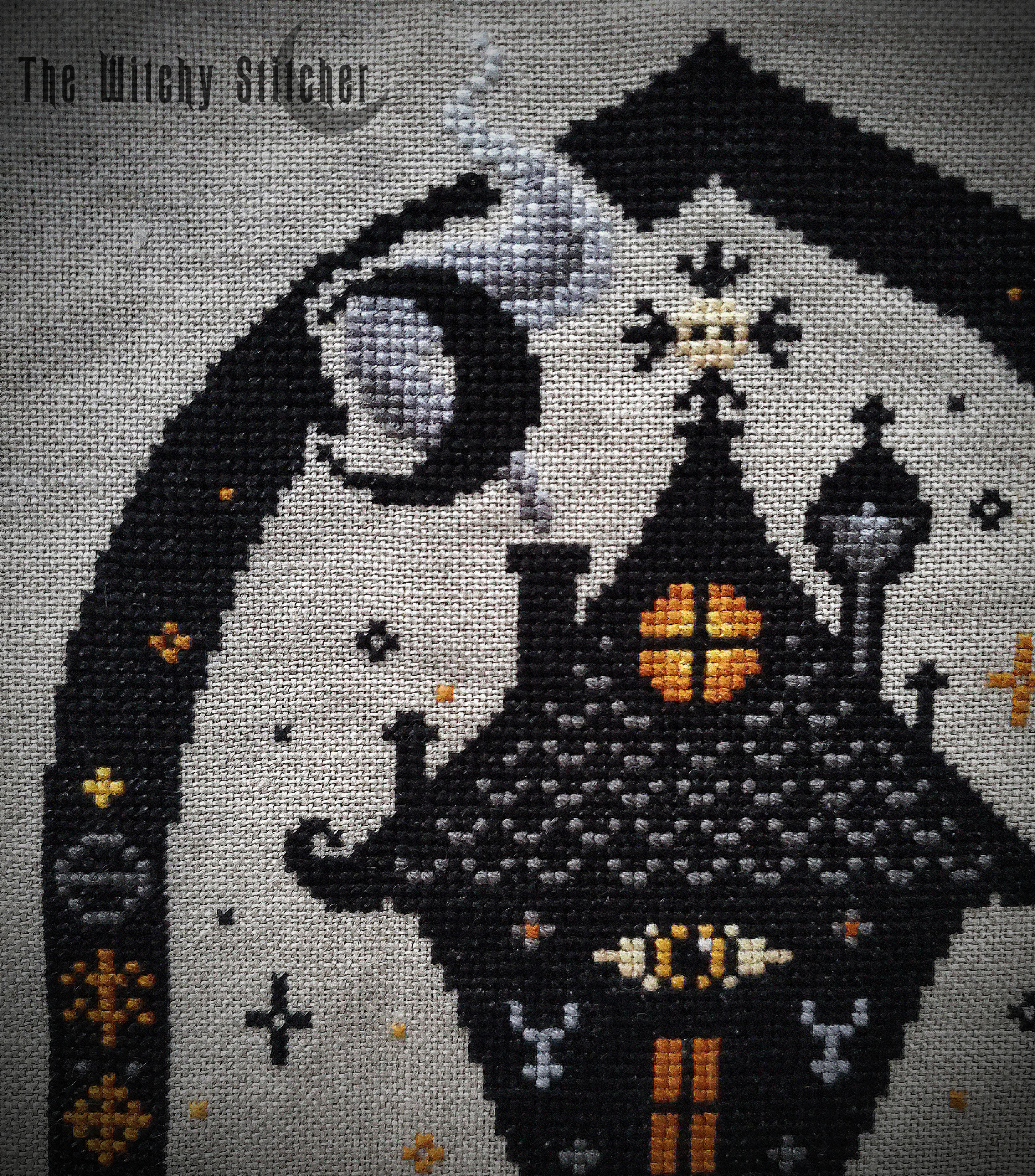 Baba Yaga - Halloween Cross Stitch Pattern, different perspective #5, zoomed in. Select this picture to zoom back out.