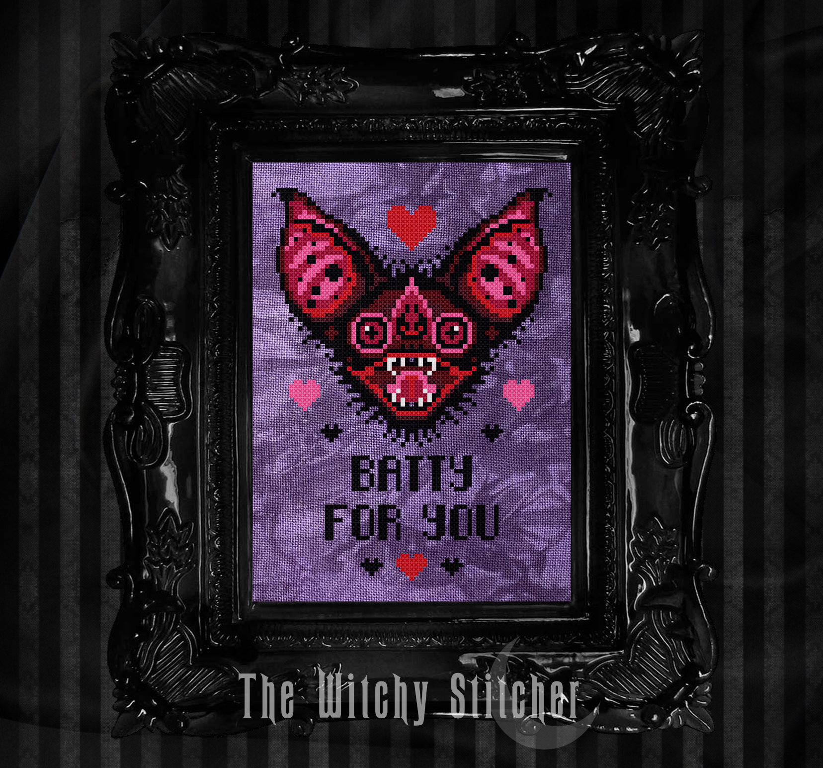 Batty For You - Valenrine Cross Stitch Pattern, different perspective #1, zoomed in. Select this picture to zoom back out.